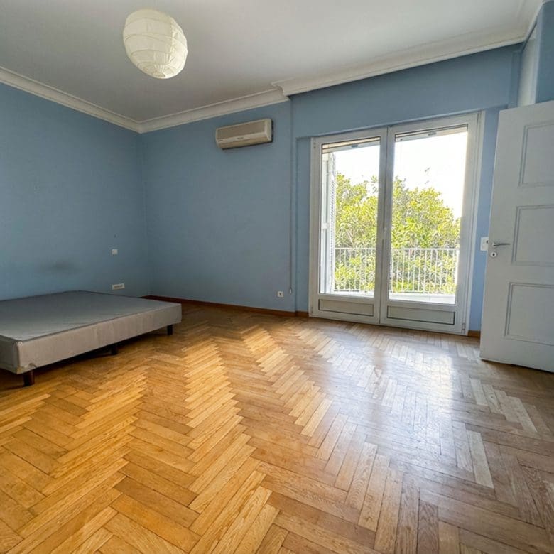 Bedroom with balcony doors, wood flooring, and natural light, Anaktora, Kolonaki, Athens, Greece