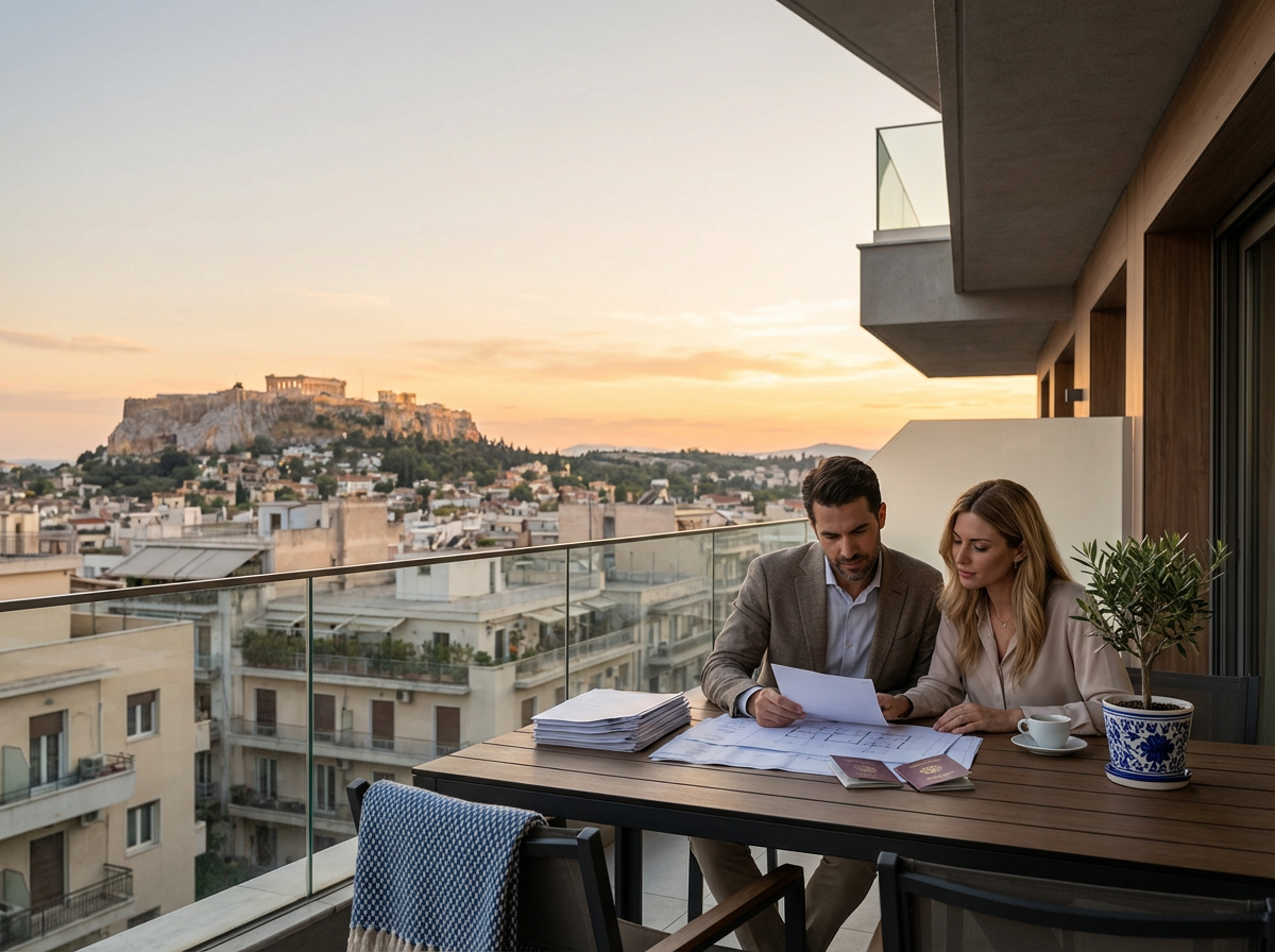 Athens skyline at golden hour with a couple reviewing passports and property documents for the Greece Golden Visa.