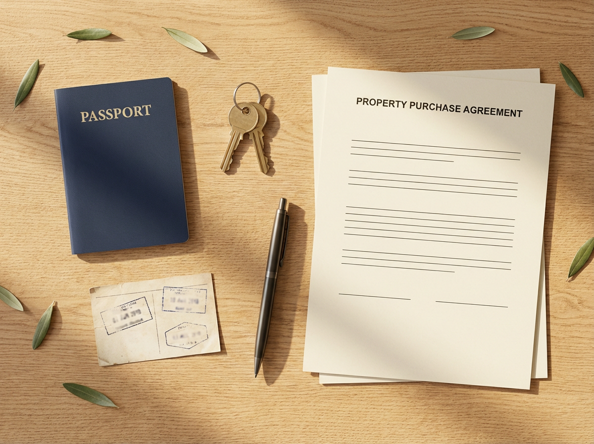 Passport, house keys, and a property contract on a desk representing the Greece Golden Visa application process.