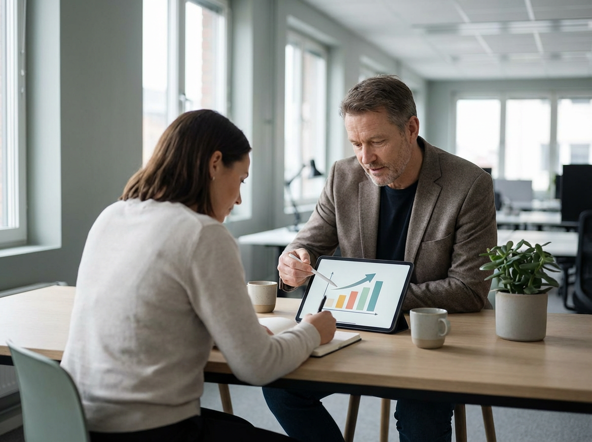 Consultant explaining a timeline on a tablet to a client, representing Golden Visa timelines and costs.