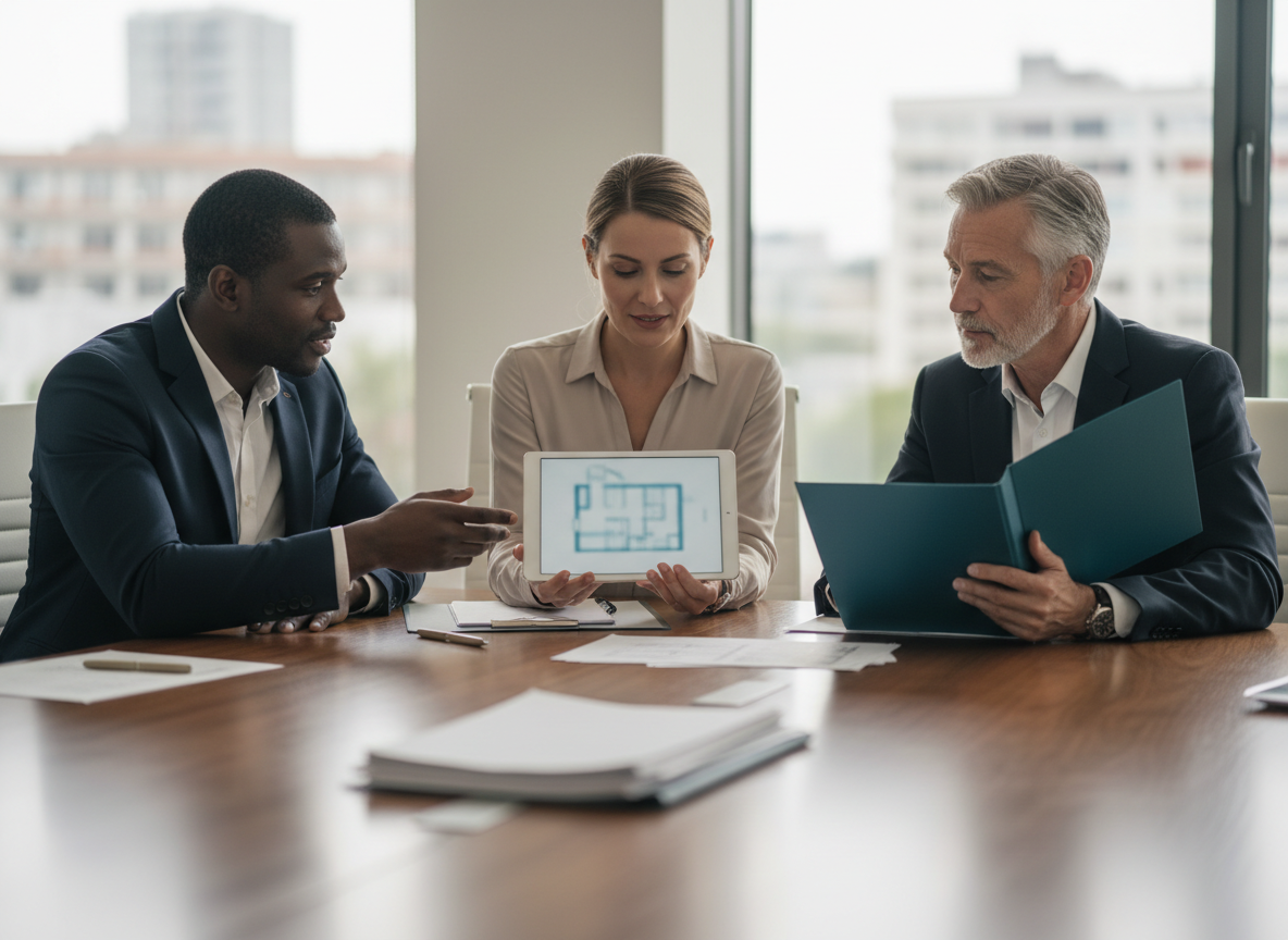 Foreign buyers reviewing the home-buying process with a real estate professional