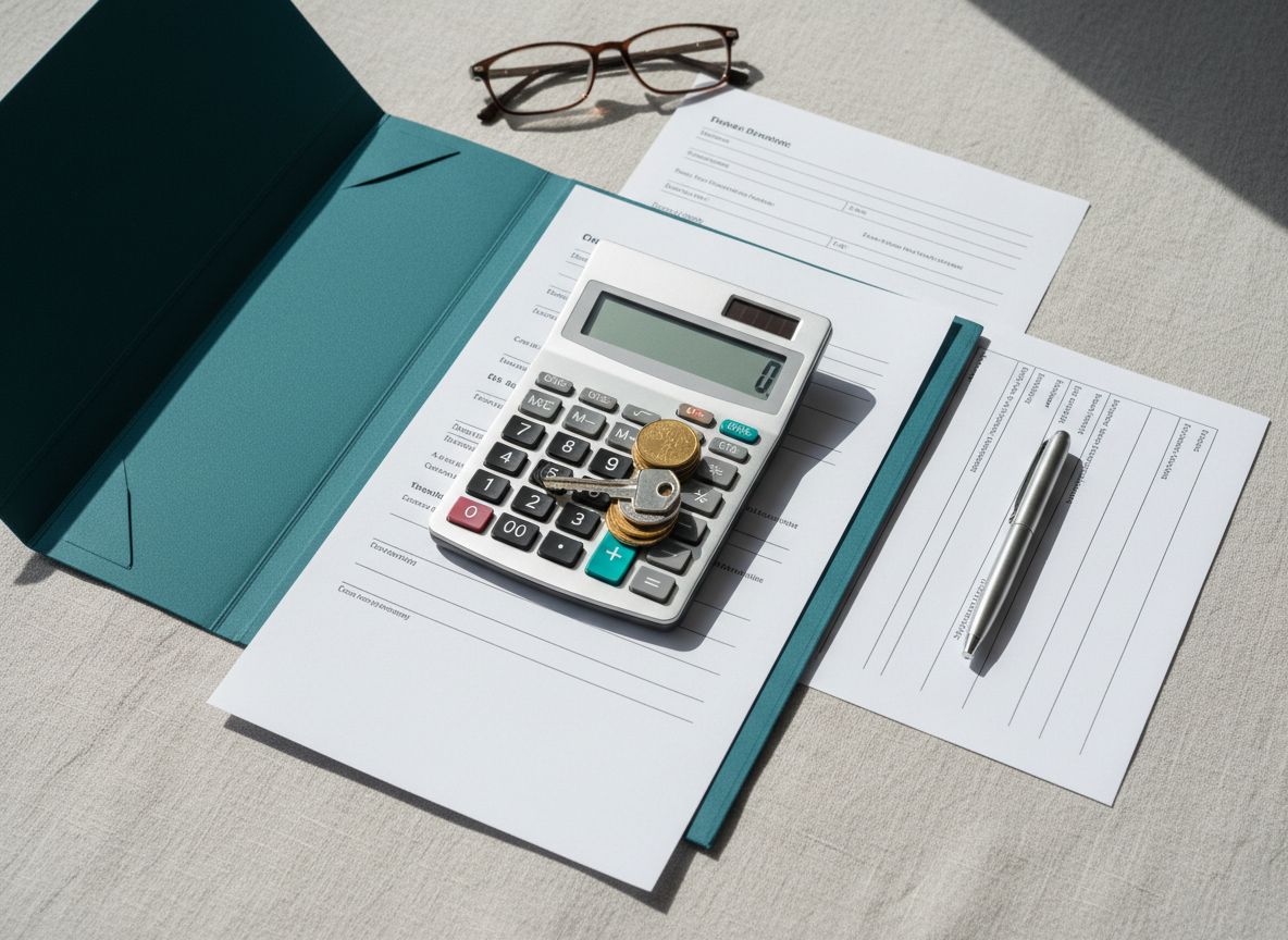 Calculator, euro coins, house keys, and documents representing property taxes and ownership costs in Greece