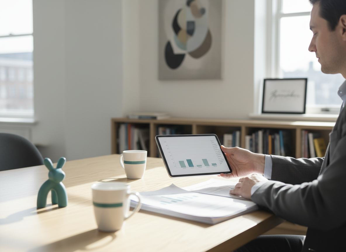 Accountant consultation with clients reviewing tax and rental income planning documents on a tablet