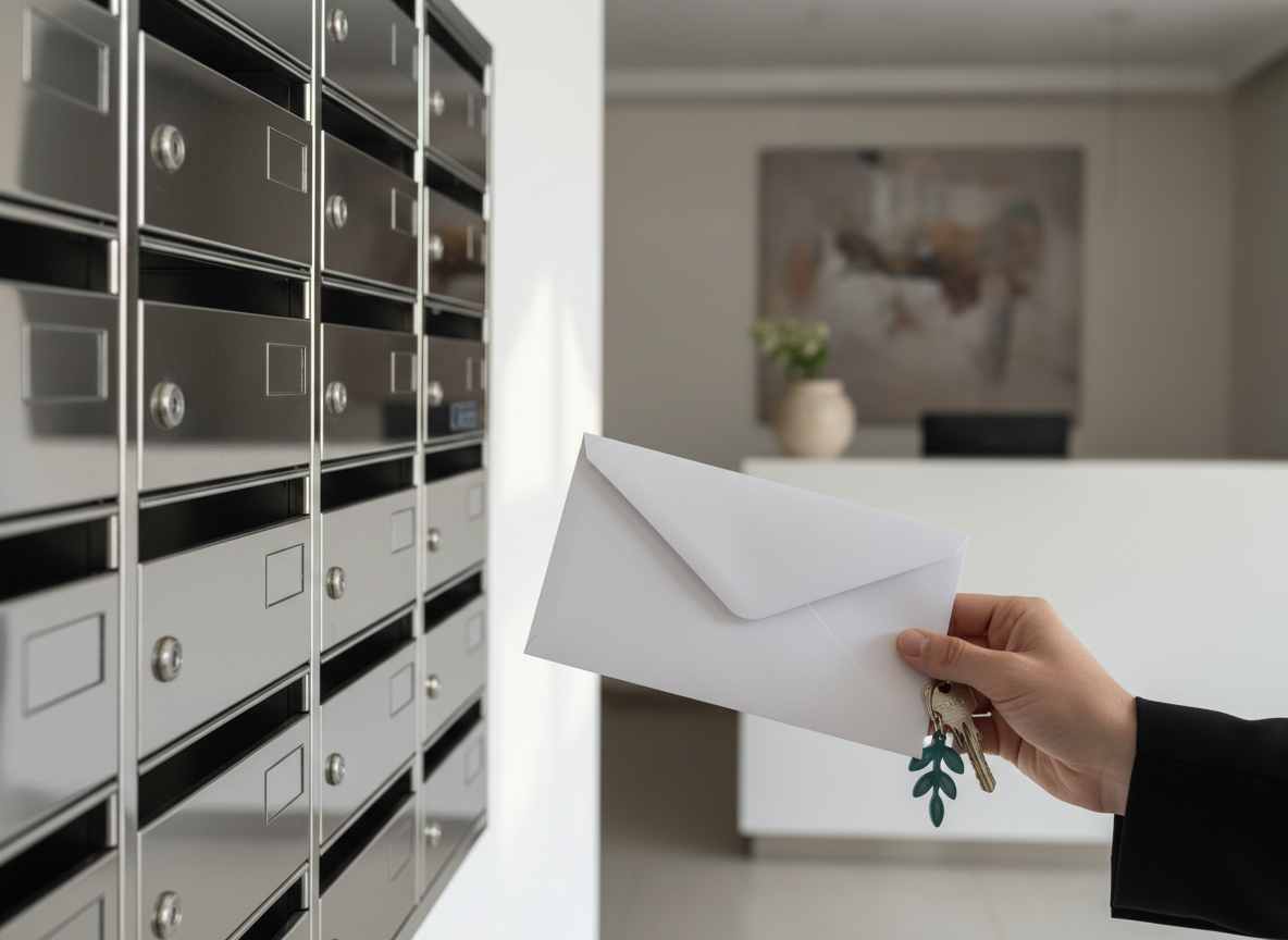 Apartment building mailbox area with keys and an envelope representing annual property obligations and notices