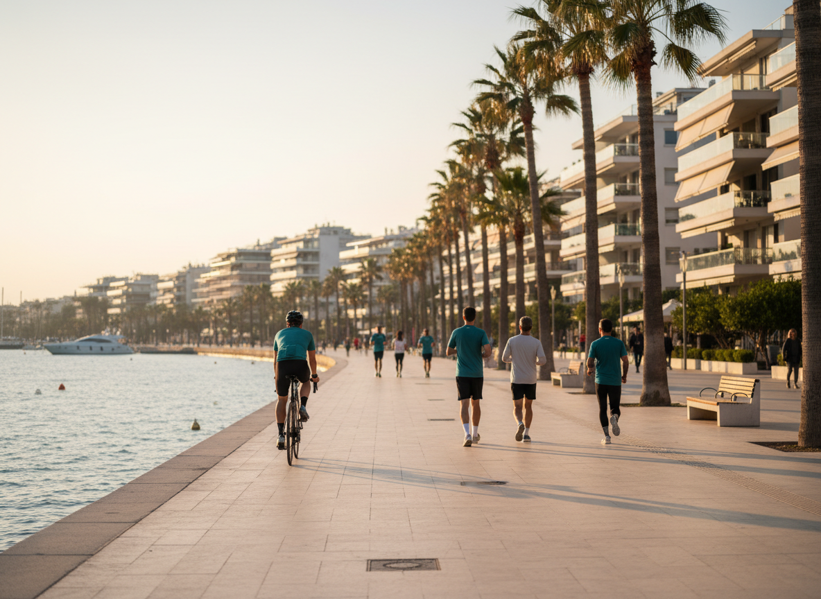 Seaside promenade in Athens with palm trees, runners and cyclists, and modern apartment buildings along the coast