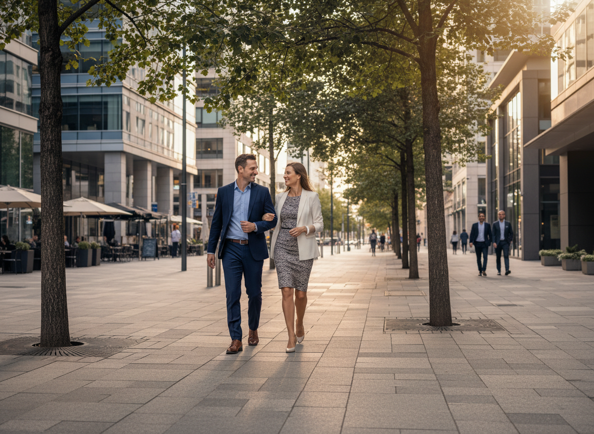 Family-friendly park scene in Athens North Suburbs with parents walking under tall trees