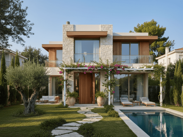 Modern luxury villa in Athens North Suburbs with stone and wood facade, private pool, manicured garden with olive tree, and contemporary outdoor living spaces