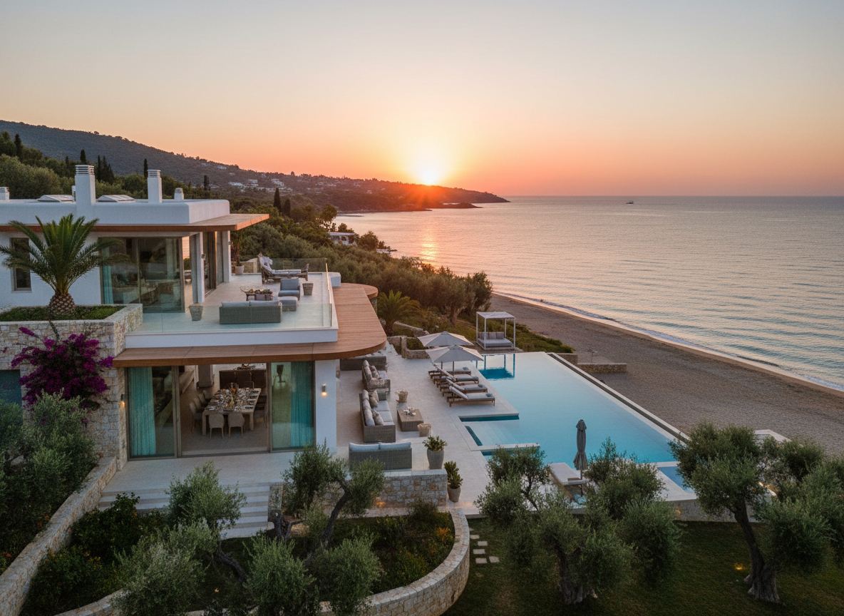 Luxury villa in Athenian Riviera with private pool, modern architecture, sea views, and sunset over the Mediterranean