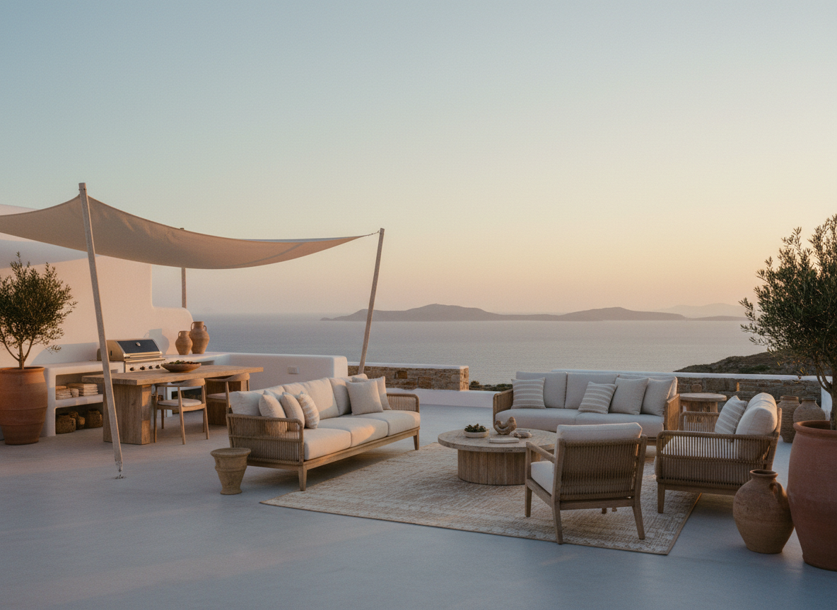 Peaceful Greek island village street during quiet winter season