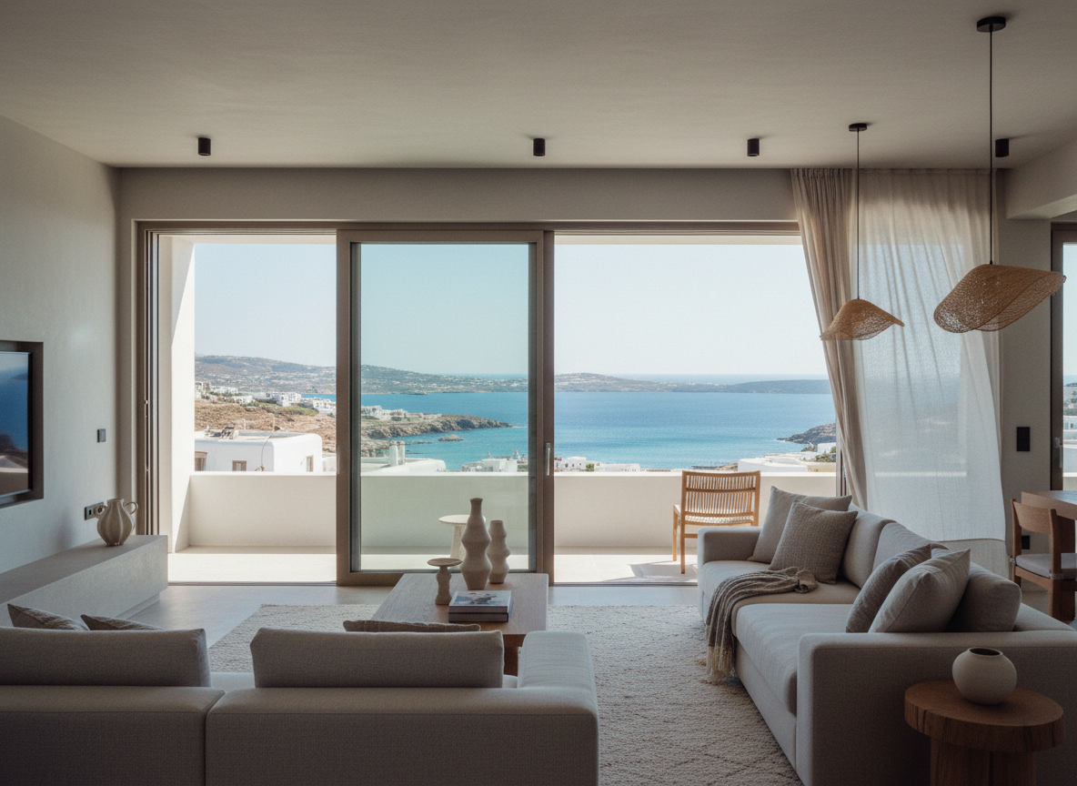Modern island apartment interior with sea view, designed for comfortable stays and strong rental appeal