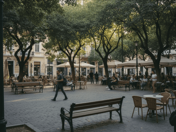 Leafy neighborhood square with mature trees, outdoor seating, and local café atmosphere in central Athens.