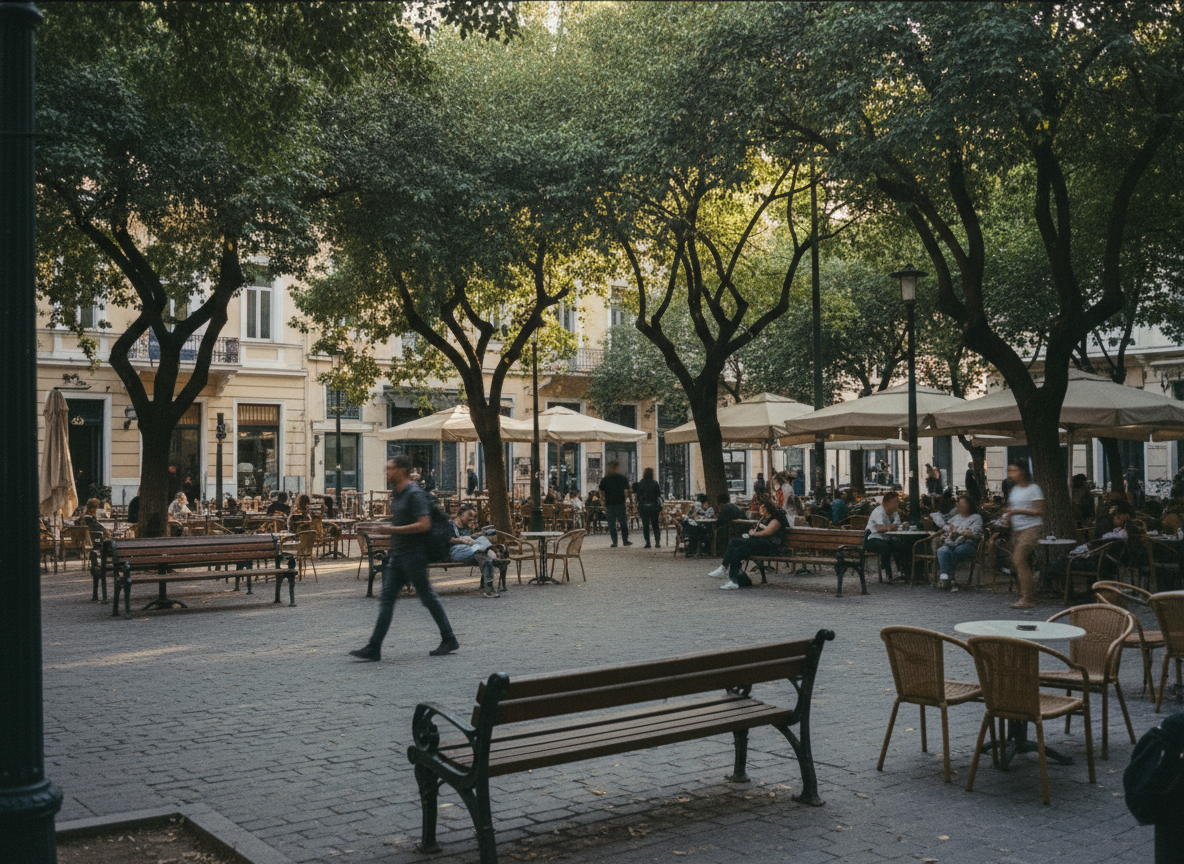 Leafy neighborhood square with mature trees, outdoor seating, and local café atmosphere in central Athens.