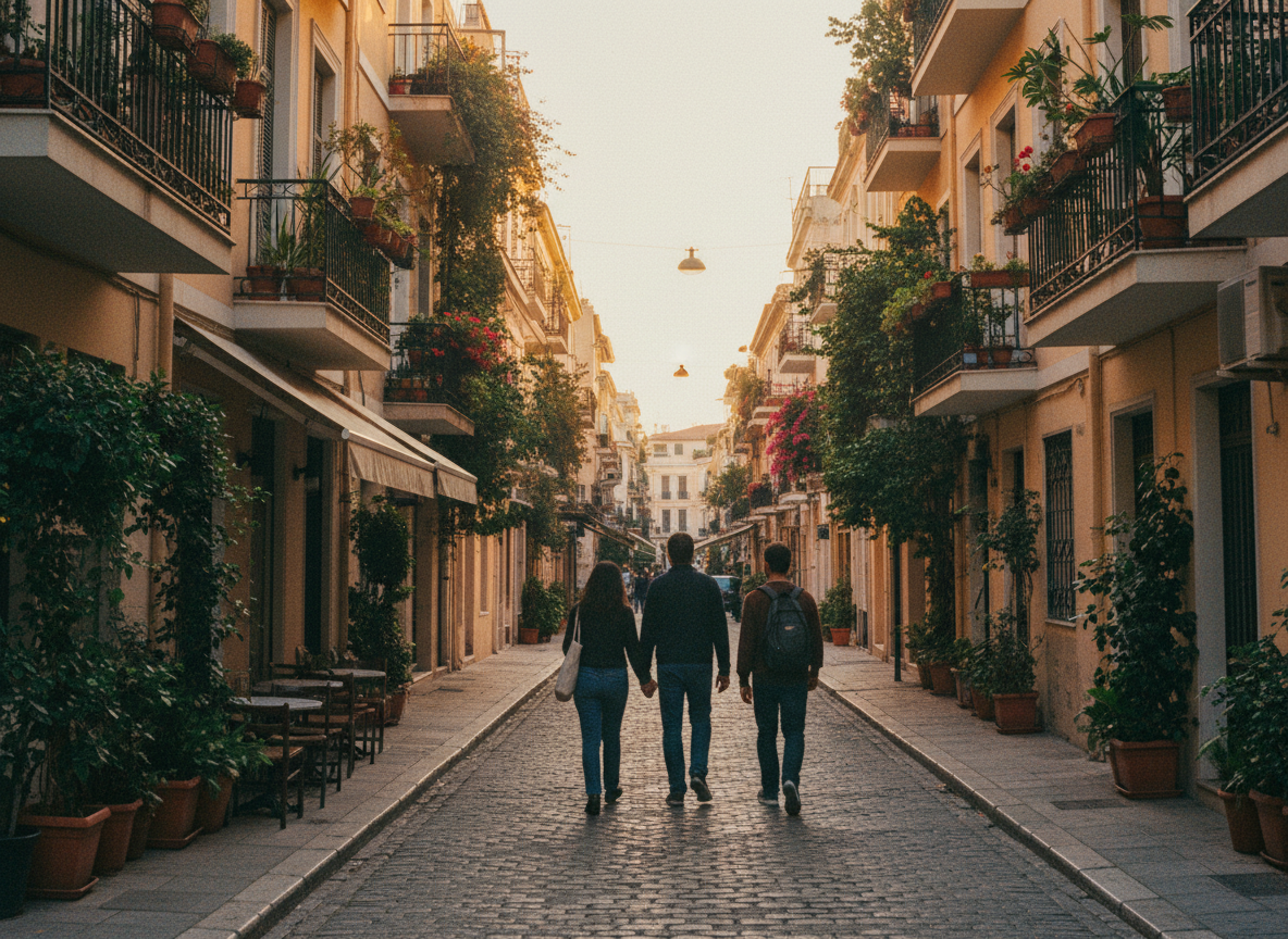 Leafy neighborhood square with cafés and local atmosphere (Pangrati-inspired)