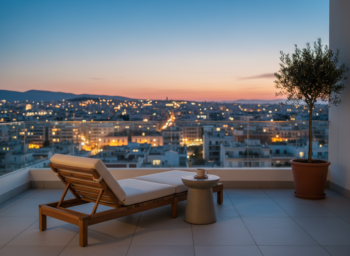 Walkable residential street with balconies and greenery in central Athens