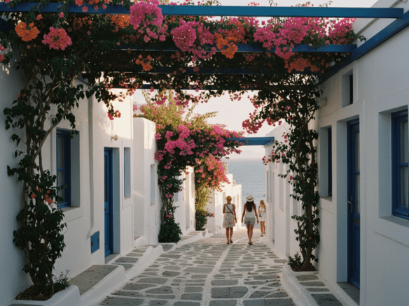 Whitewashed Greek island alley with blue doors and bougainvillea, leading toward the sea.