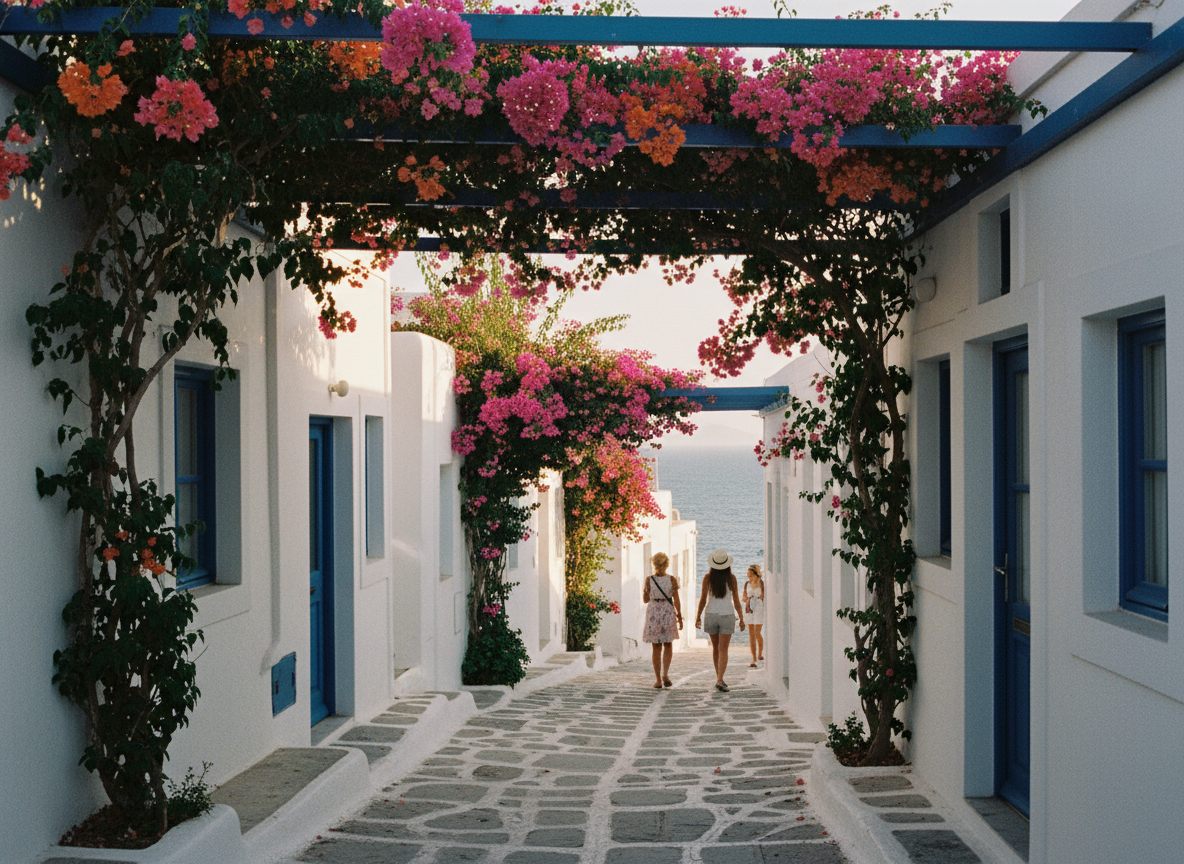 Whitewashed Greek island alley with blue doors and bougainvillea, leading toward the sea.