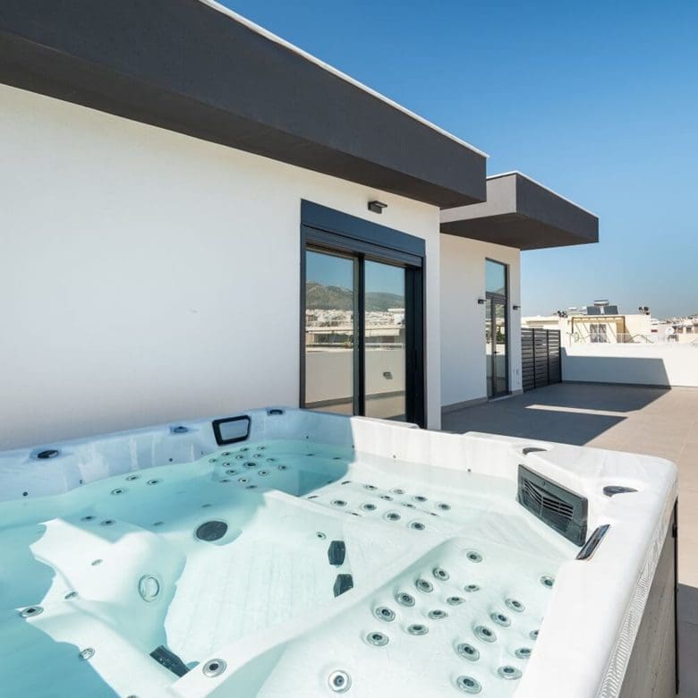 Close-up of rooftop jacuzzi with modern terrace architecture, Athens Riviera, Greece
