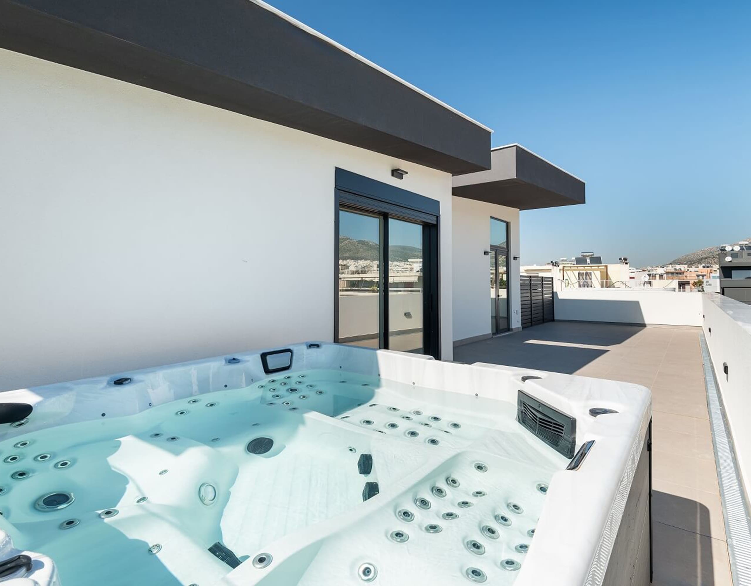 Close-up of rooftop jacuzzi with modern terrace architecture, Athens Riviera, Greece