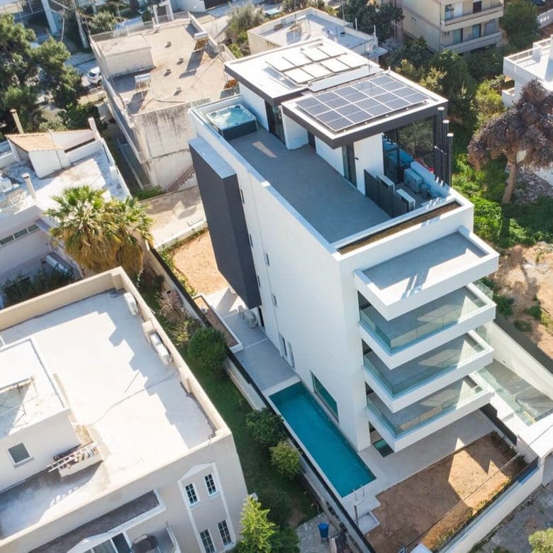 Aerial drone view of Glyfada Golf Luxury Residences building, Athens Riviera