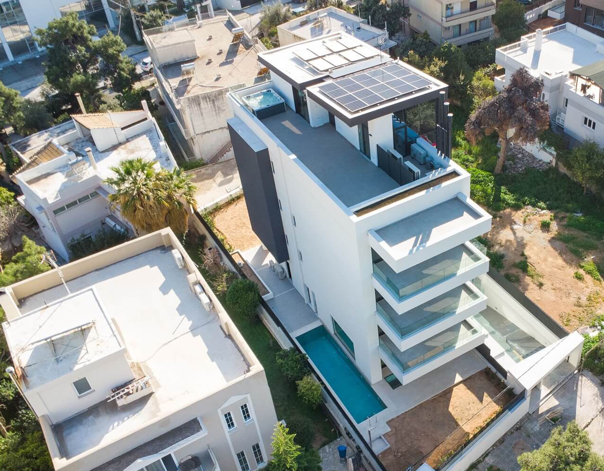 Aerial drone view of Glyfada Golf Luxury Residences building, Athens Riviera