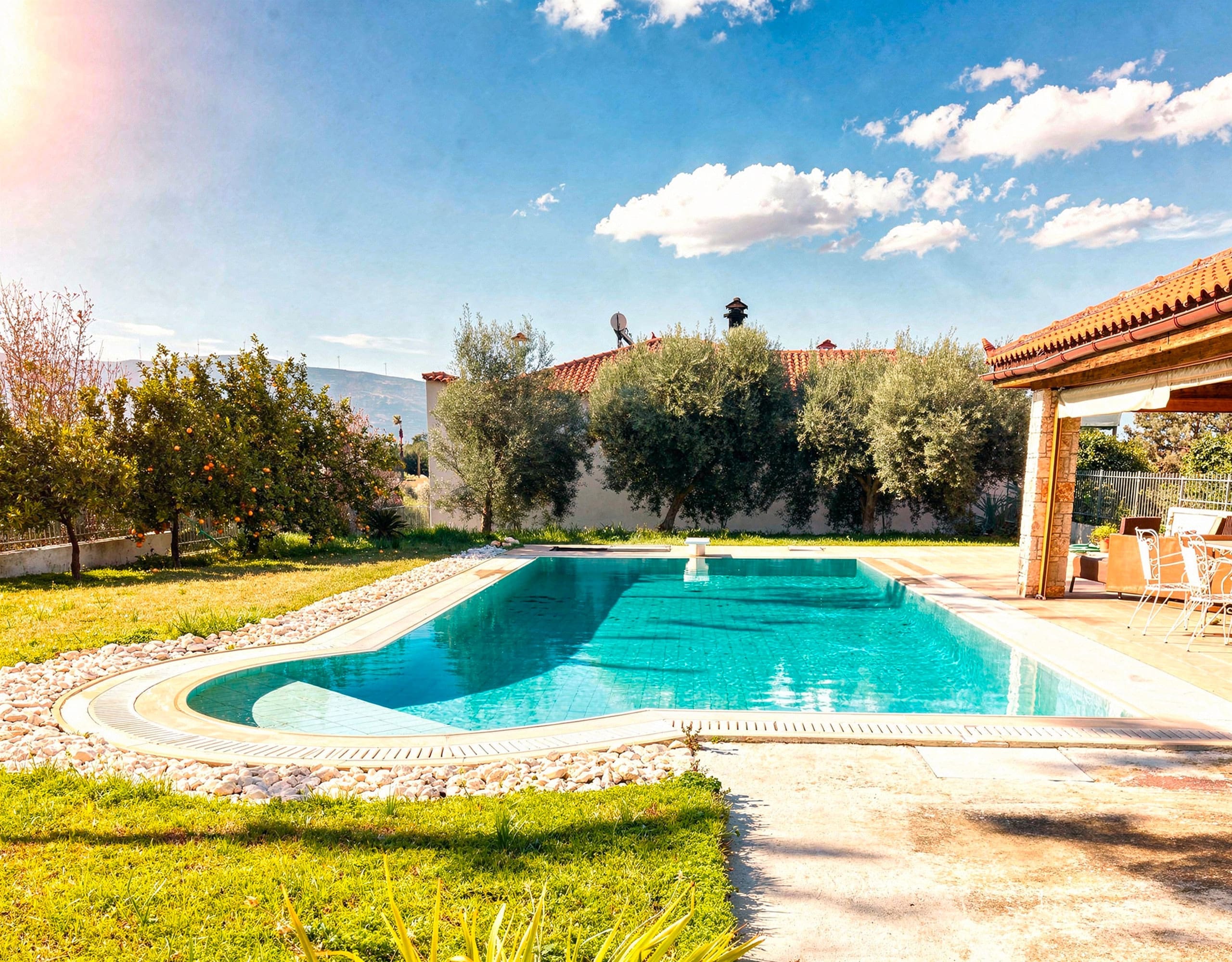 Private Swimming Pool — Eretria Maisonette Wide view of the private swimming pool at the detached maisonette in Eretria, Evia