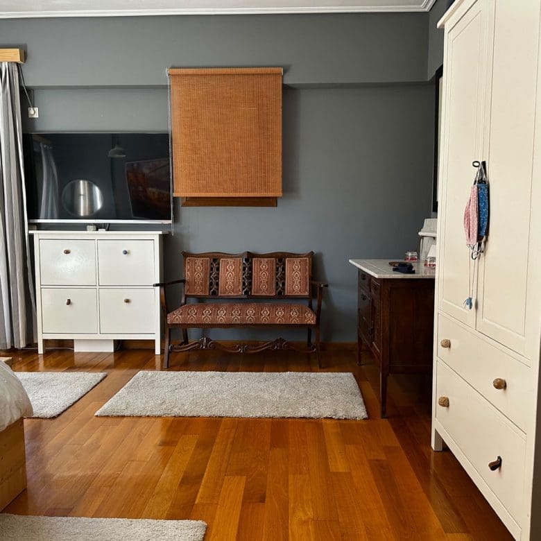 Bedroom with wardrobe, dresser, and warm wood flooring, Thrakomakedones, Athens, Greece