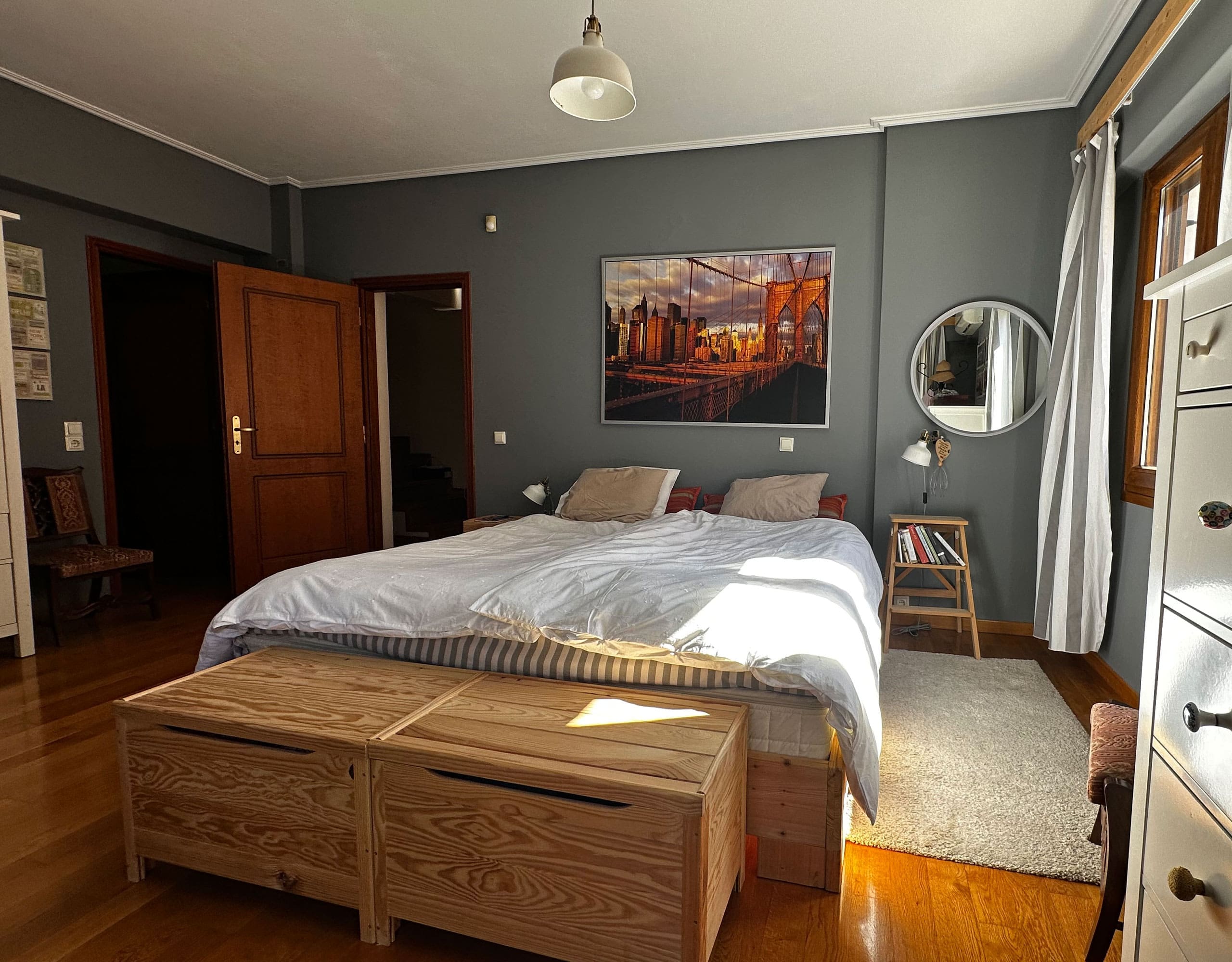 Bedroom with double bed, grey walls, and framed artwork, Thrakomakedones, Athens, Greece