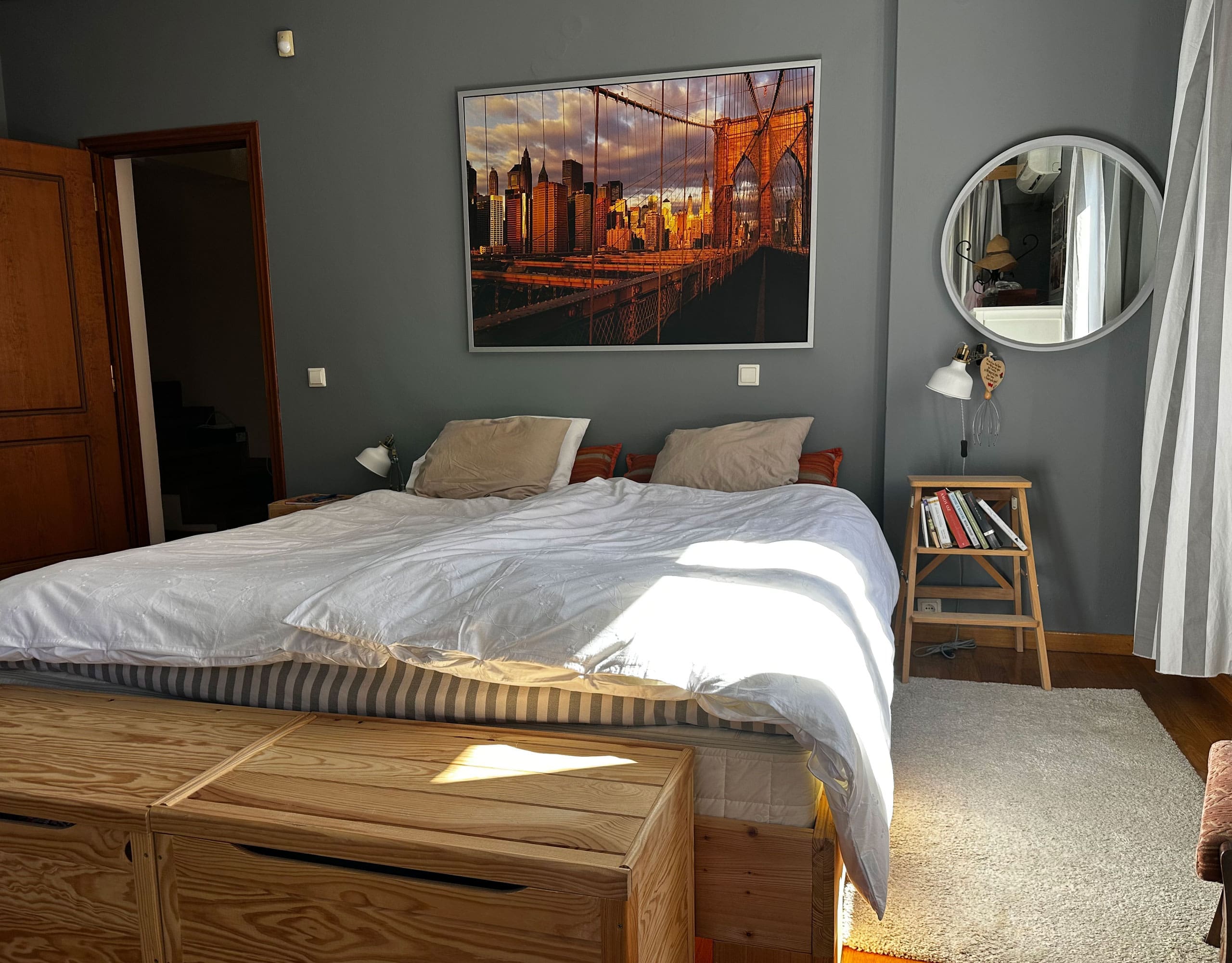 Bedroom with double bed, grey walls, and framed artwork, Thrakomakedones, Athens, Greece