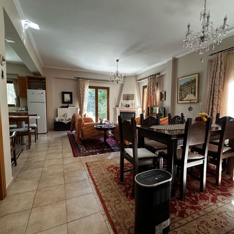 Open-plan dining and living area with chandelier and classic furnishings, Thrakomakedones, Athens, Greece