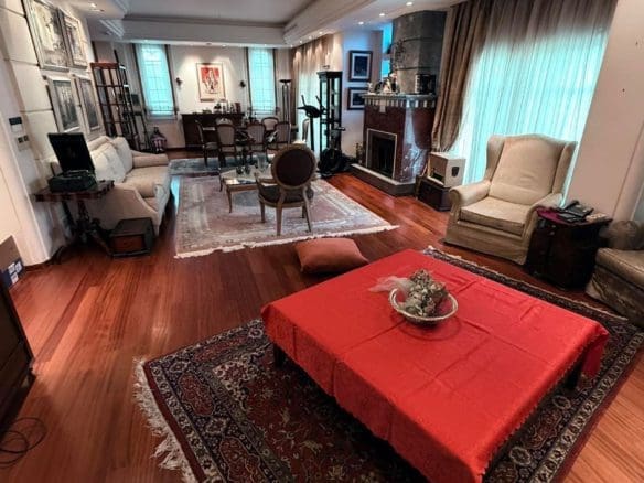 Living room with wood flooring, seating area, and coffee table, Oreokastro, Thessaloniki, Greece