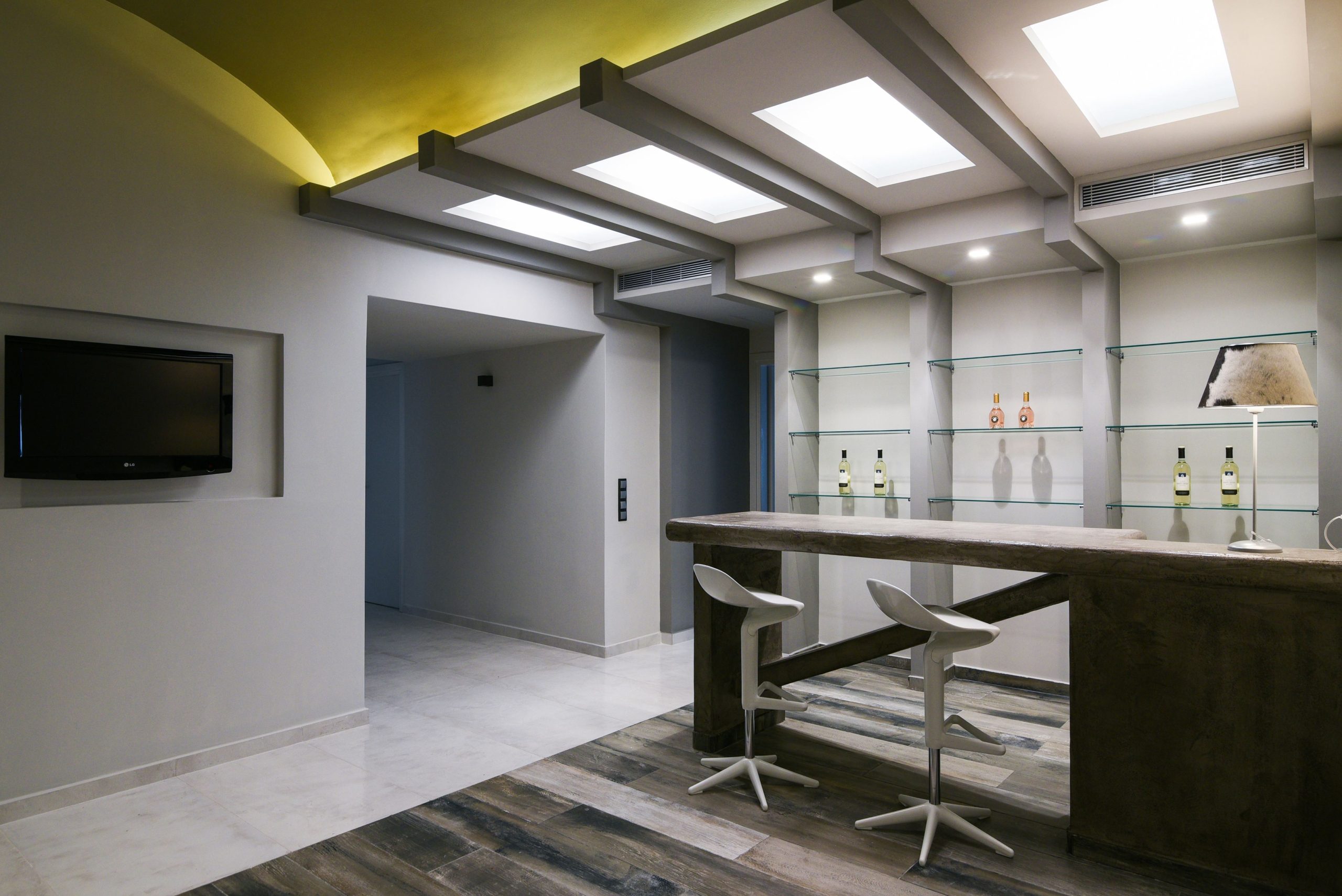Sounio Beachfront Twin Villas – Bar Area Modern bar area with ceiling lighting and built-in shelving, Sounio, Athens Riviera, Greece