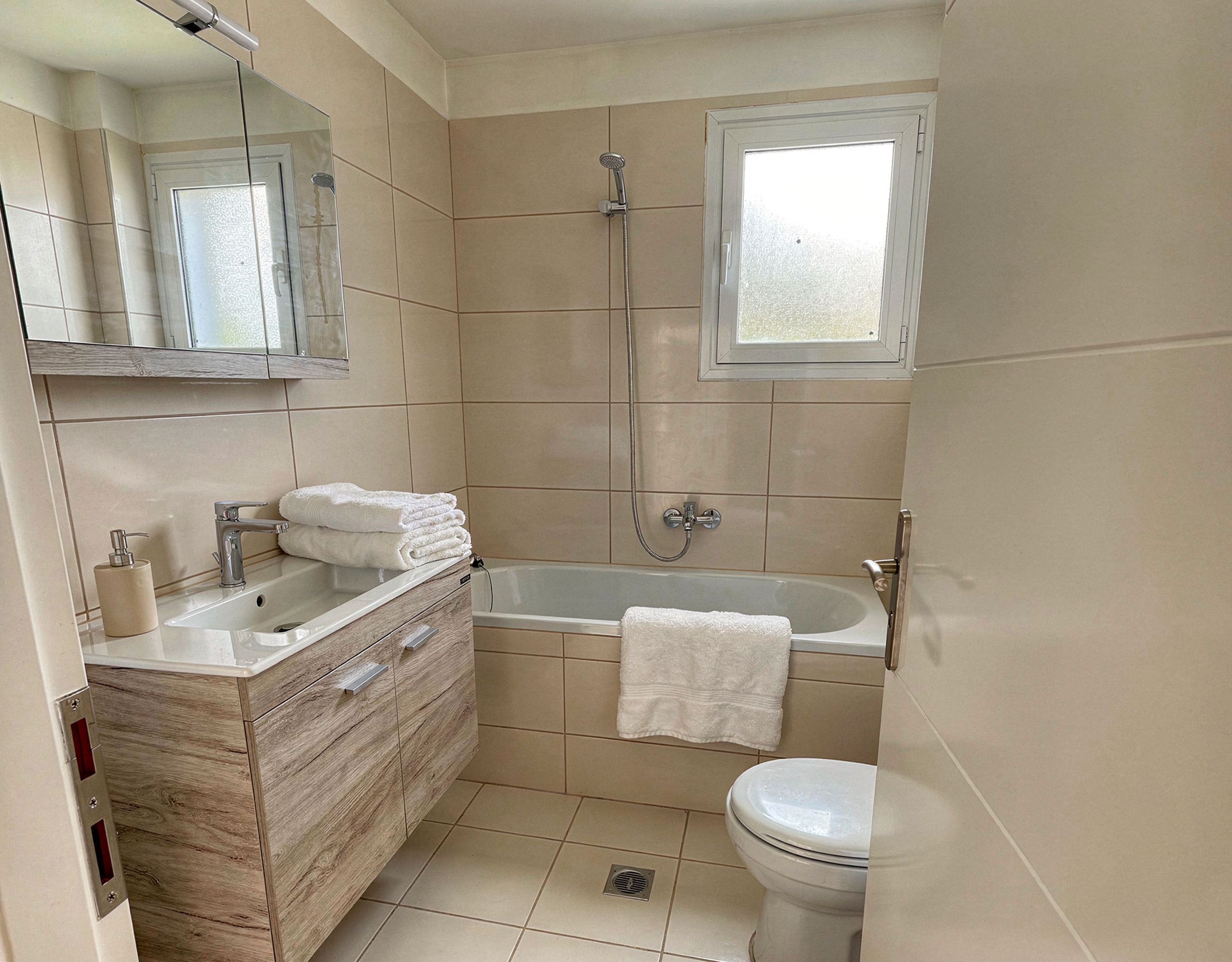 Bathroom with vanity, toilet, and tiled walls, Vasiliko, Evia, Greece