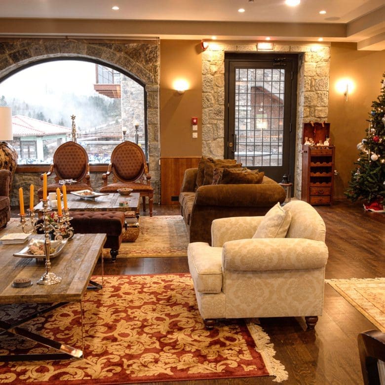 Hotel lounge with classic seating, warm lighting, and festive decor, Kardaras, Mount Mainalo, Arcadia, Greece