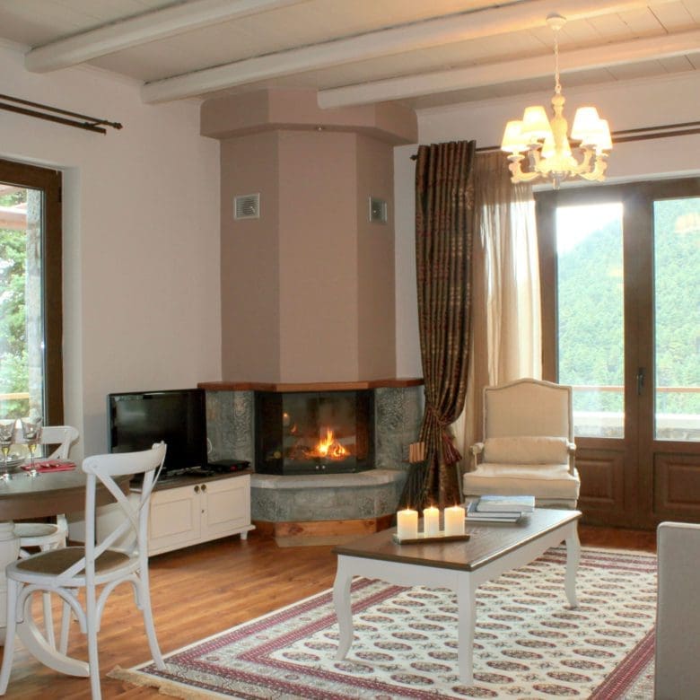 Suite lounge with classic seating and warm lighting, Kardaras, Mount Mainalo, Arcadia, Greece