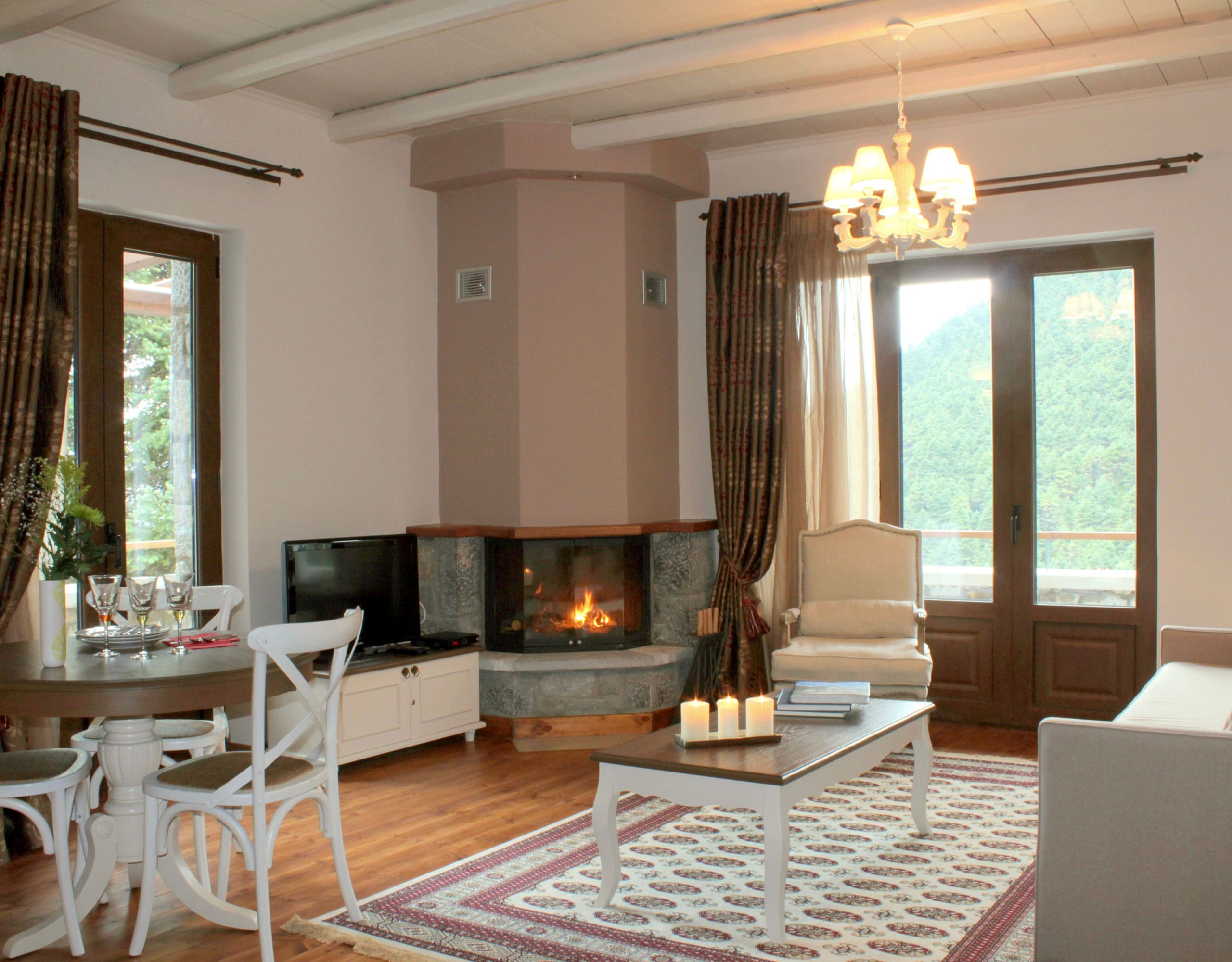 Suite lounge with classic seating and warm lighting, Kardaras, Mount Mainalo, Arcadia, Greece
