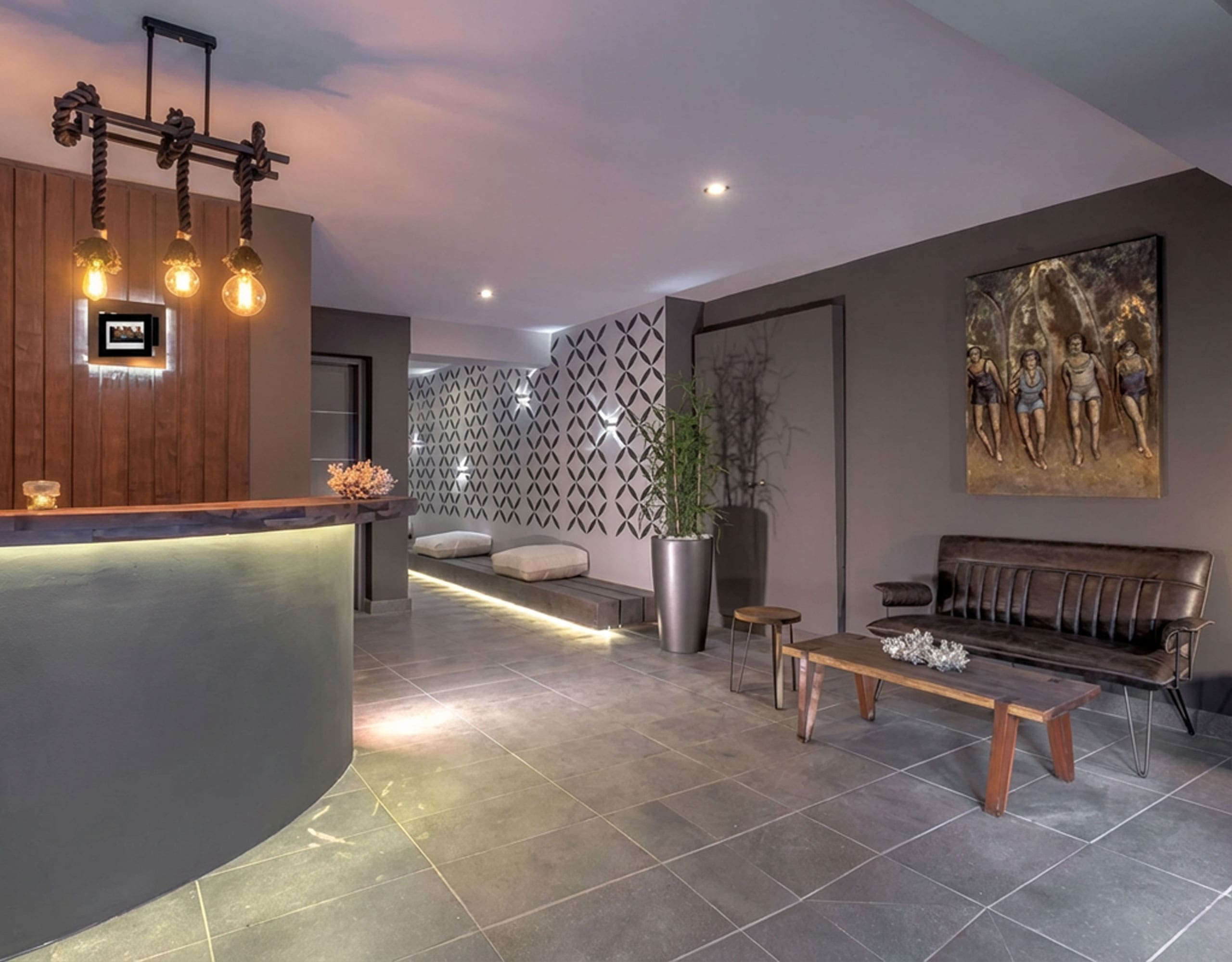 Reception and lounge area with modern lighting and seating, Pasalimani (Zea Marina), Piraeus, Greece