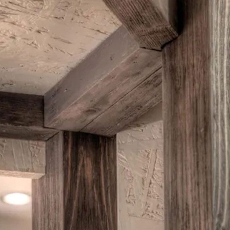Interior detail with exposed beams and textured wall finishes, Pasalimani (Zea Marina), Piraeus, Greece