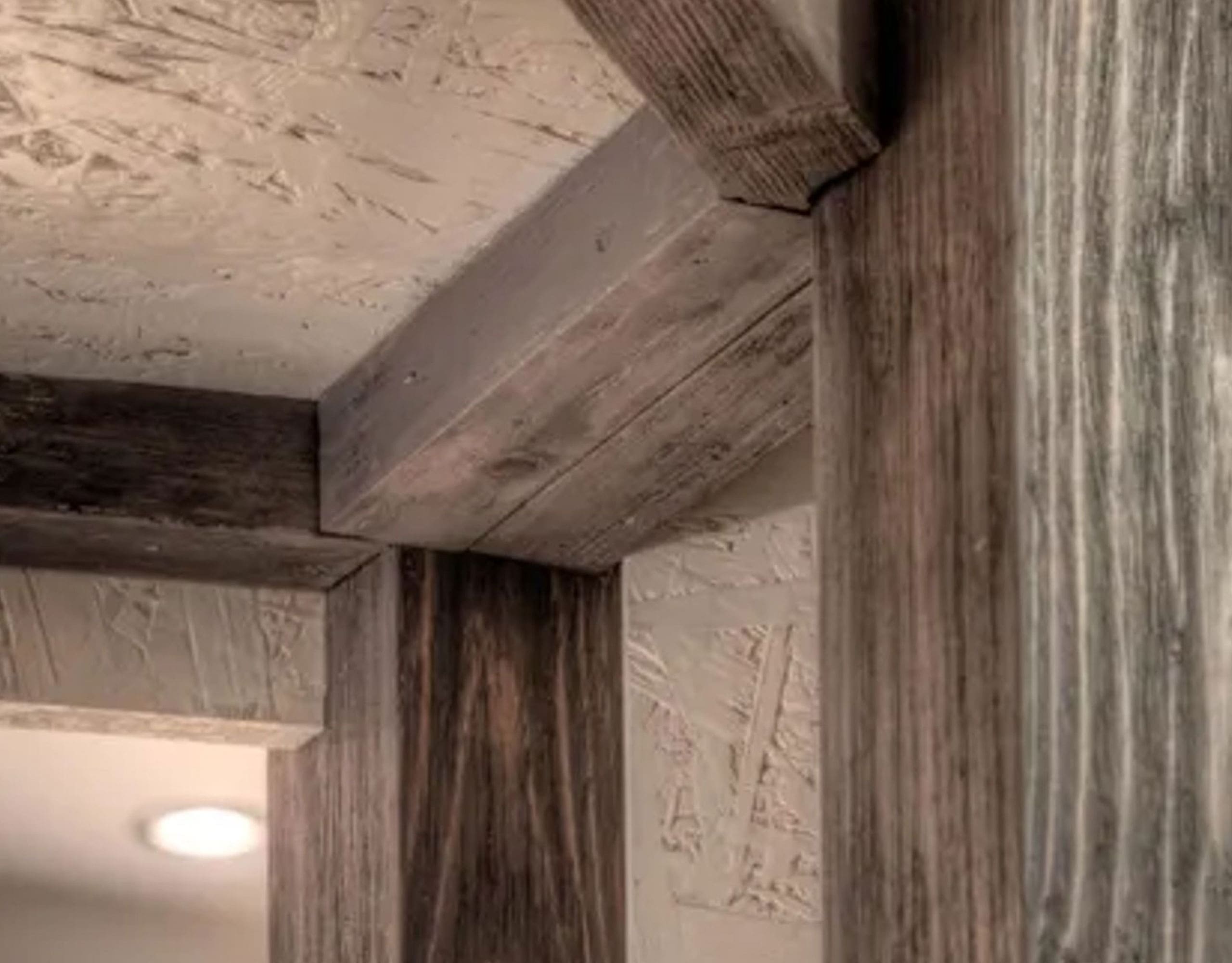 Interior detail with exposed beams and textured wall finishes, Pasalimani (Zea Marina), Piraeus, Greece