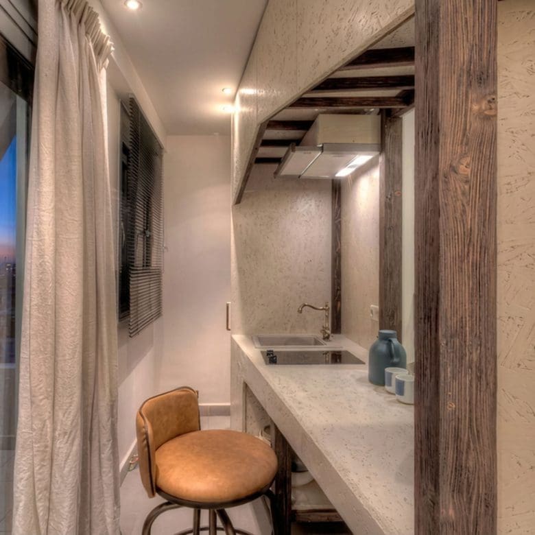 Suite vanity area with mirror, stool, and warm lighting, Pasalimani (Zea Marina), Piraeus, Greece
