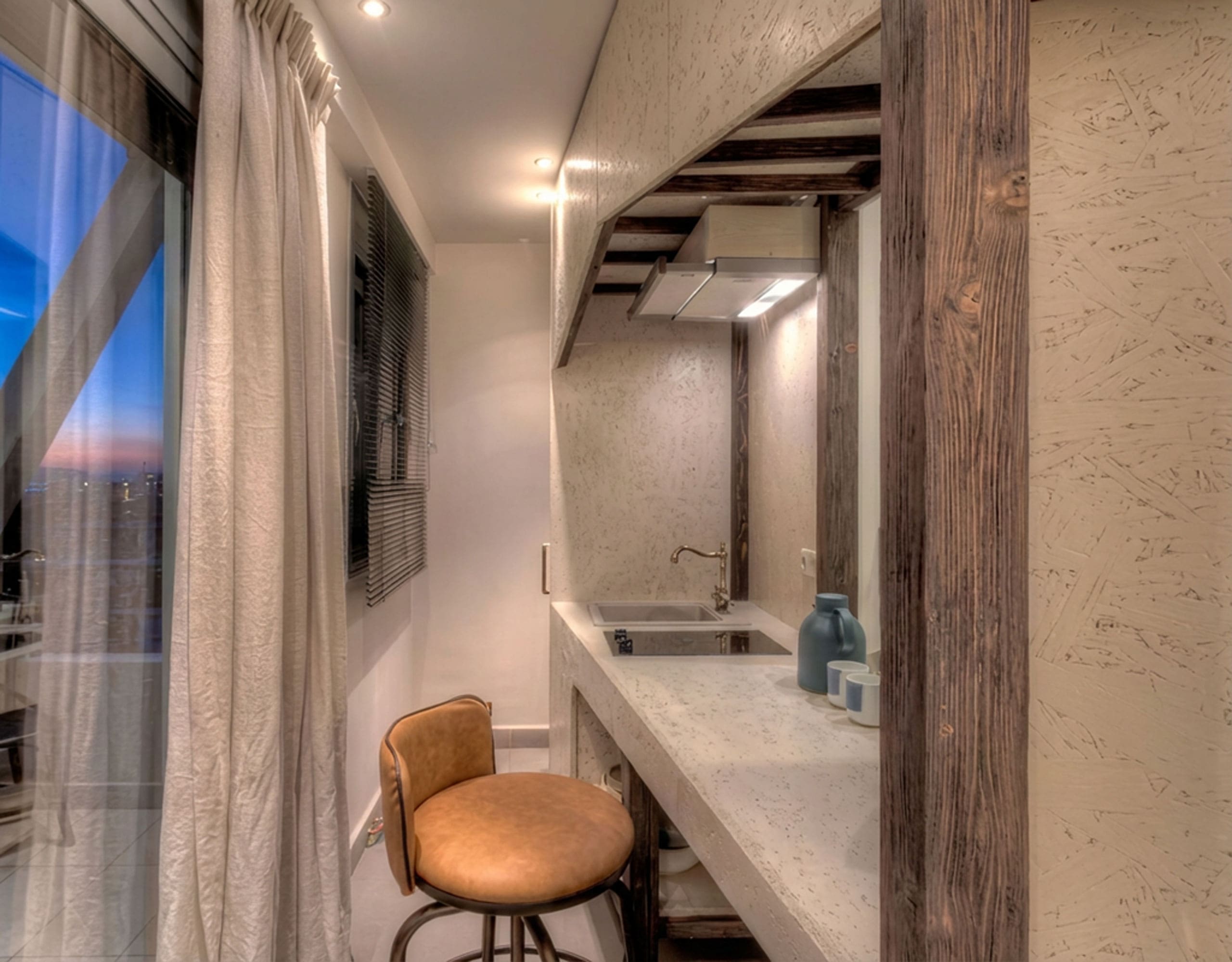 Suite vanity area with mirror, stool, and warm lighting, Pasalimani (Zea Marina), Piraeus, Greece