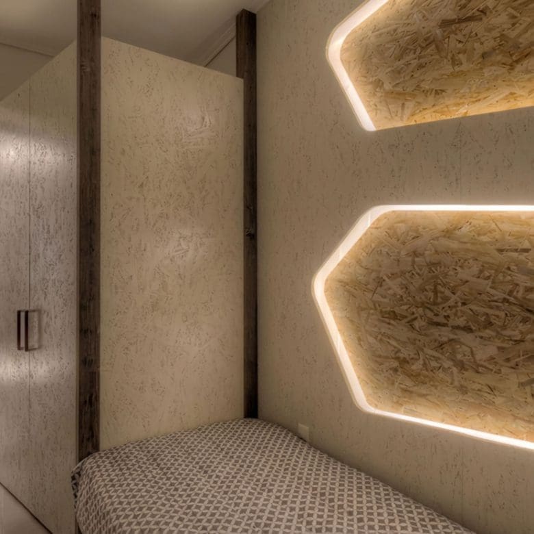 Compact suite bedroom with built-in bed and LED accent lighting, Pasalimani (Zea Marina), Piraeus, Greece