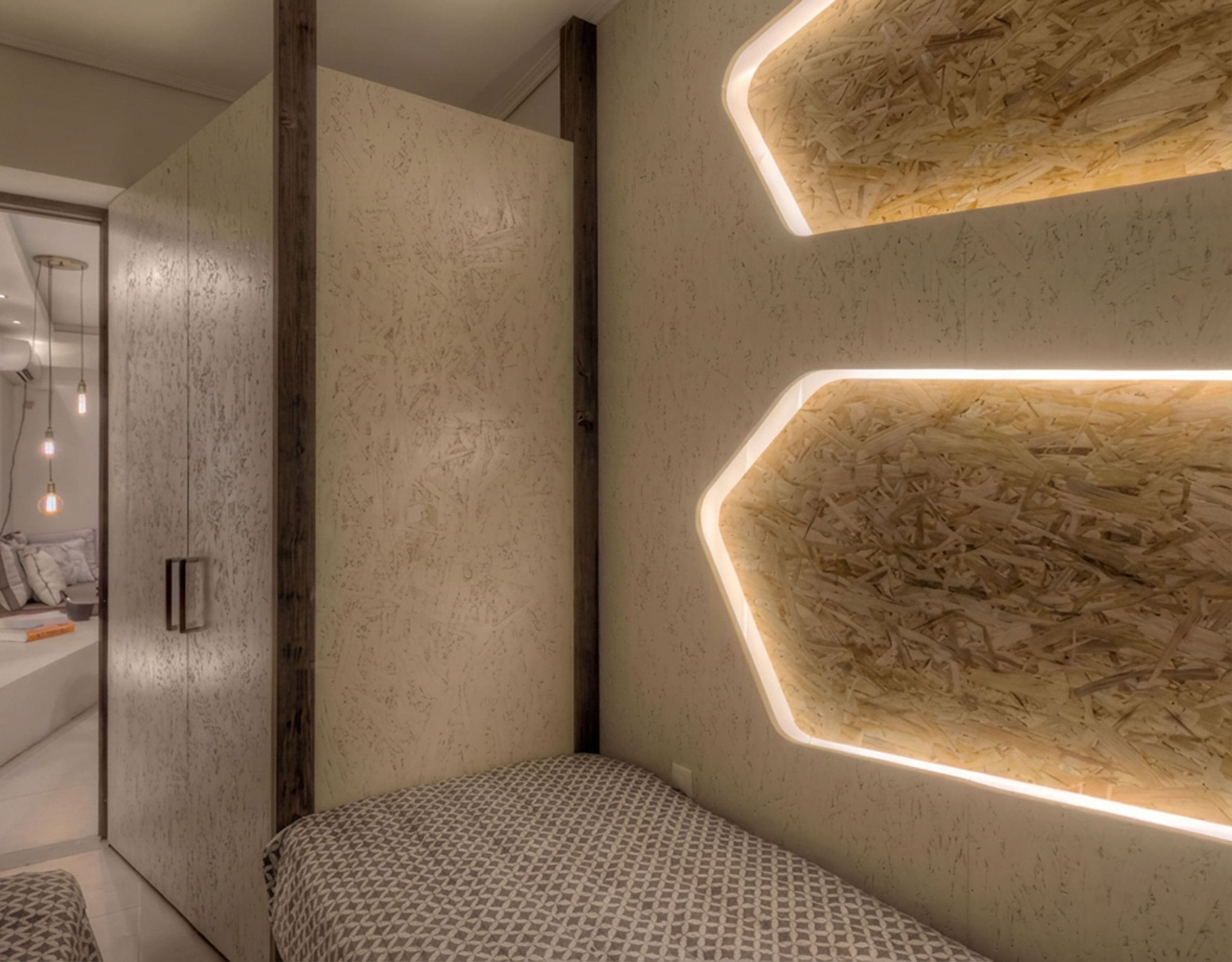 Compact suite bedroom with built-in bed and LED accent lighting, Pasalimani (Zea Marina), Piraeus, Greece