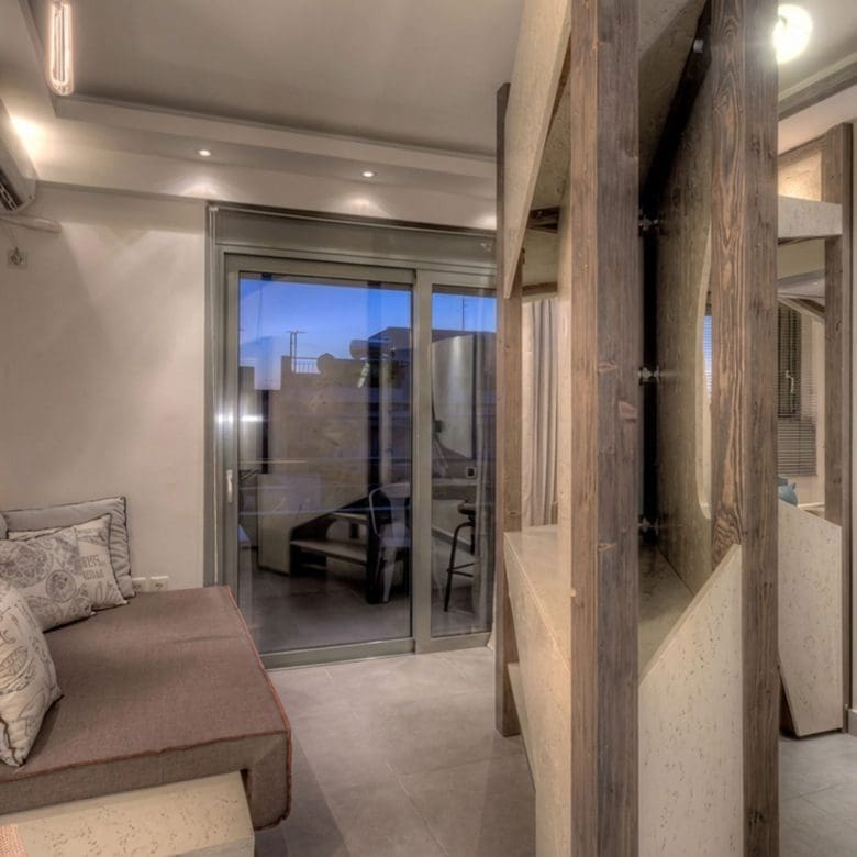 Suite corridor with seating and warm ambient lighting, Pasalimani (Zea Marina), Piraeus, Greece