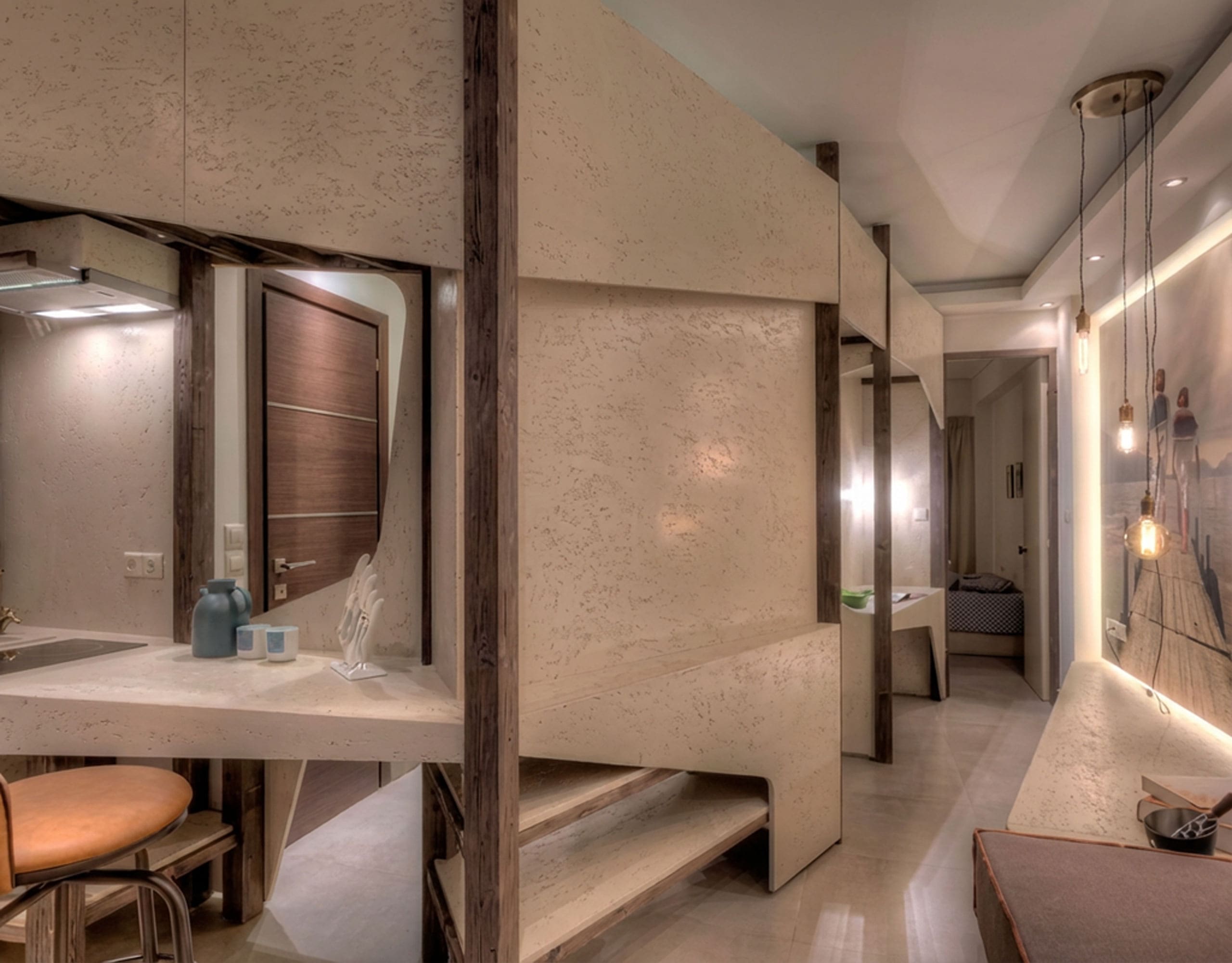 Bathroom and corridor area with vanity and warm lighting, Pasalimani (Zea Marina), Piraeus, Greece