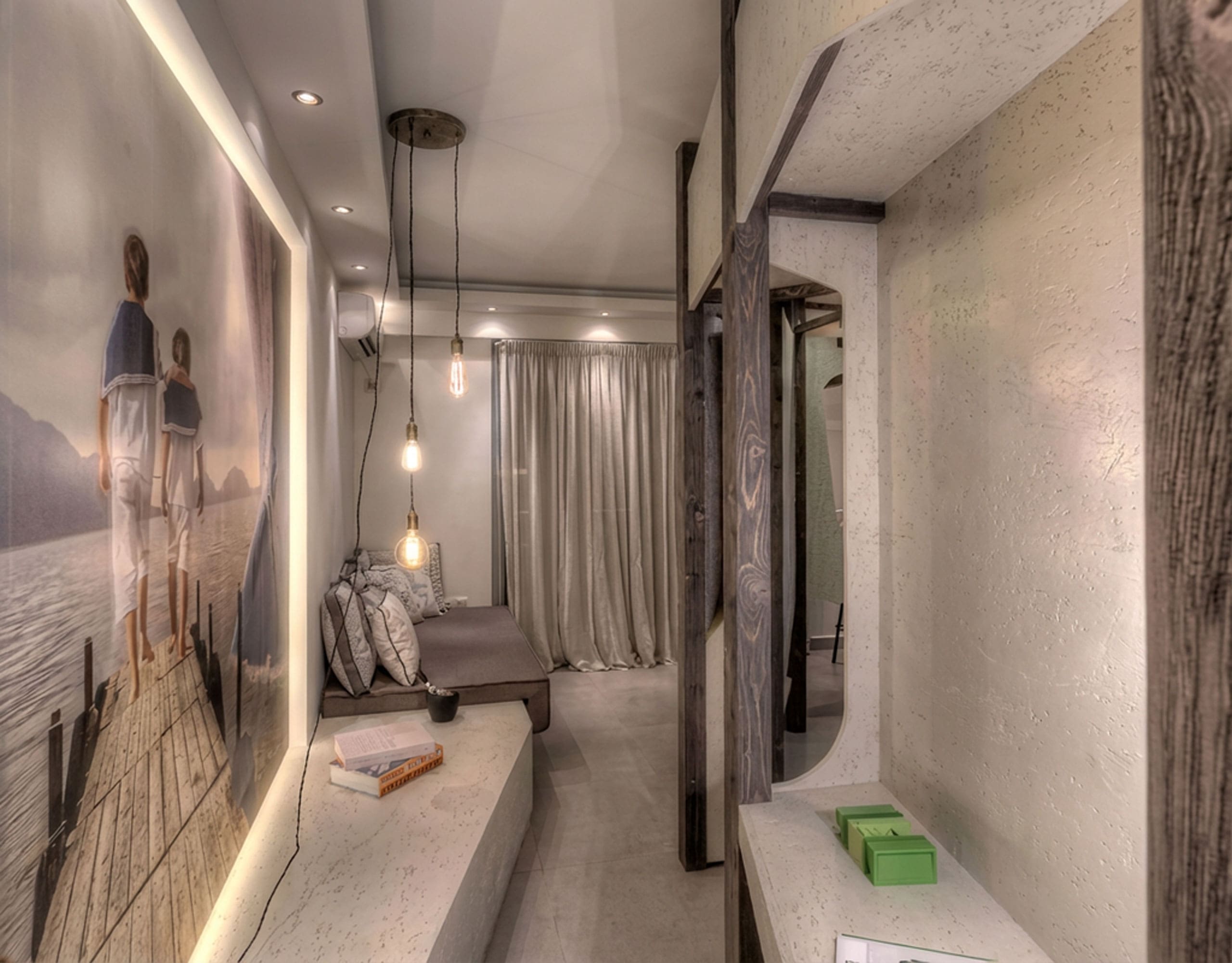 Suite corridor with wall art, pendant lights, and warm ambient lighting, Pasalimani (Zea Marina), Piraeus, Greece