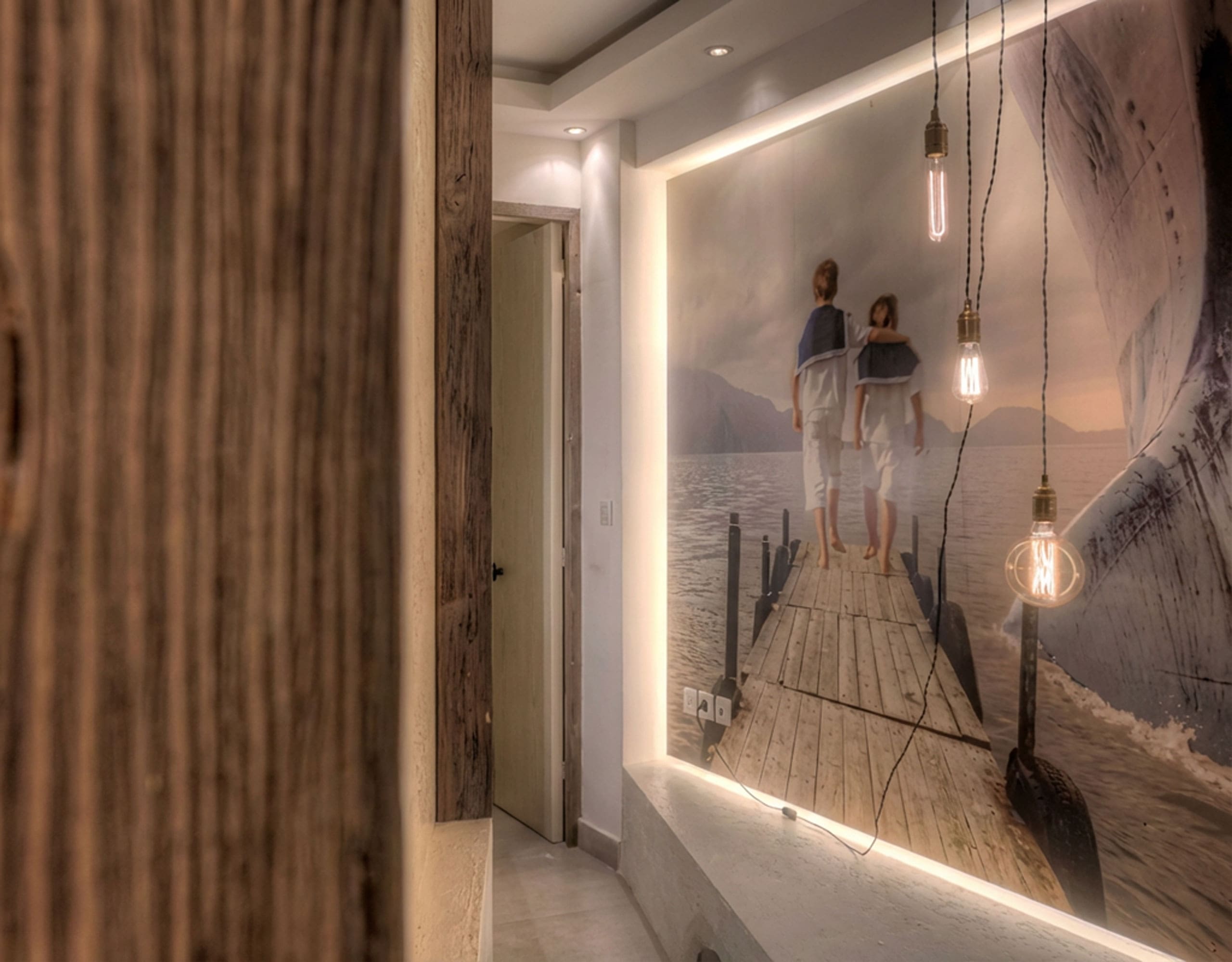 Interior wall detail with illuminated artwork and textured finishes, Pasalimani (Zea Marina), Piraeus, Greece