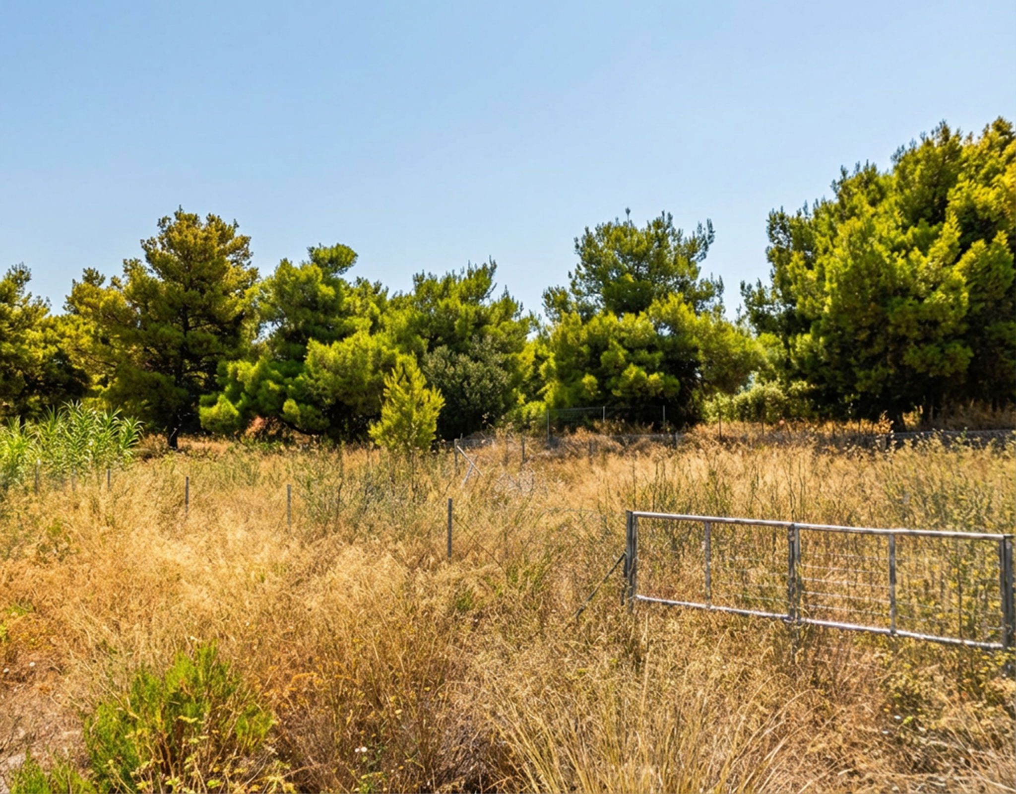 Land plot ground view with dry grass and pine trees, Chalandri, Athens, Greece