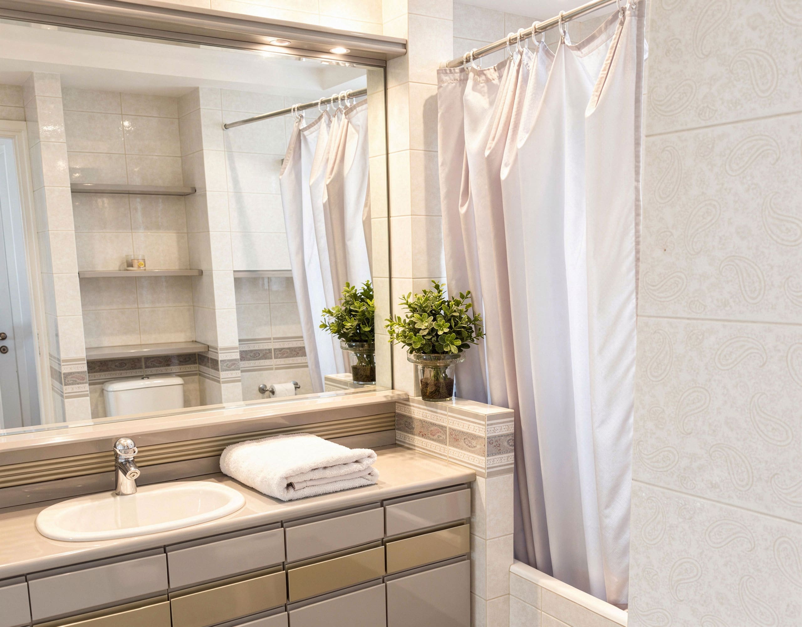 Voula Duplex 181 sqm – Bathroom With Double Vanity And Bathtub Bathroom with double sink vanity, large mirror, and bathtub with shower curtain, Voula, Athens Riviera, Greece