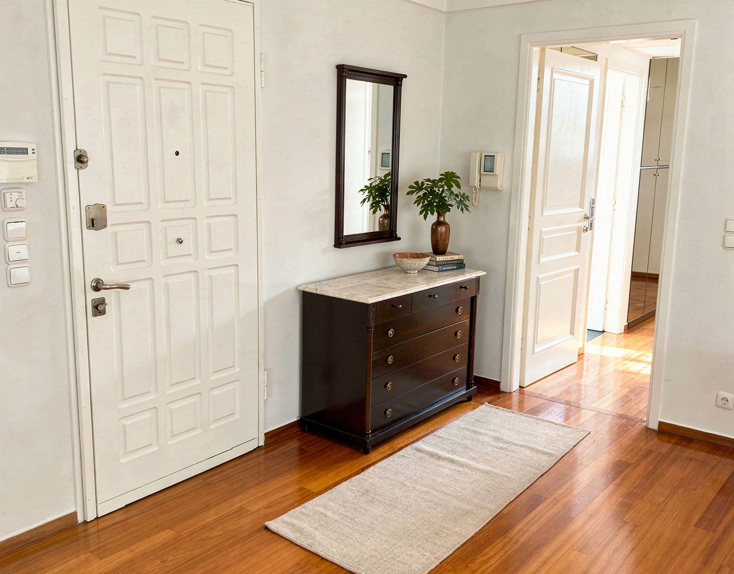 Voula Duplex 181 sqm – Entry Hall With Wood Flooring Entry hall with white doors, console table, and wood flooring, Voula, Athens Riviera, Greece