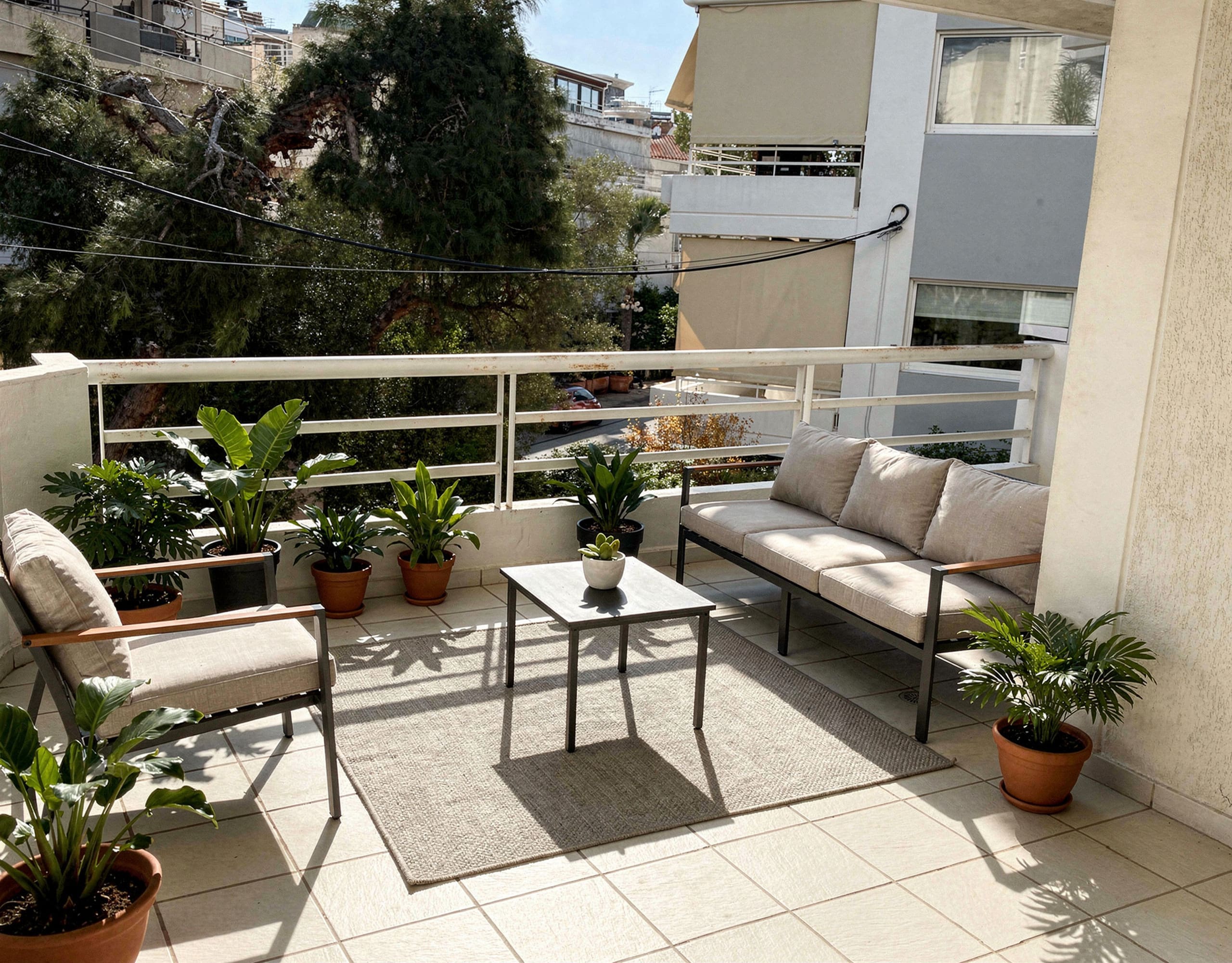 Voula Duplex 181 sqm – Balcony Lounge Seating Balcony lounge with outdoor seating and potted plants, Voula, Athens Riviera, Greece